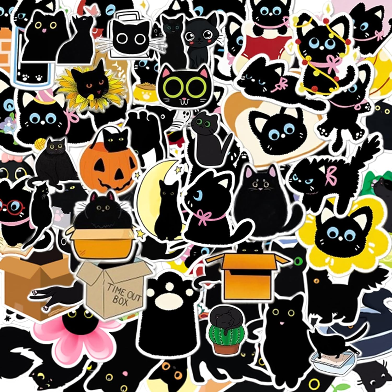 Kathy & Jiggs 100 Black Cat Stickers – Cute Waterproof Vinyl Decals (2–2.5 in) for Laptop, Water Bottle, Journal, Luggage, Skateboard – Kawaii Gift for Kids, Teens, Adults & Cat Lovers