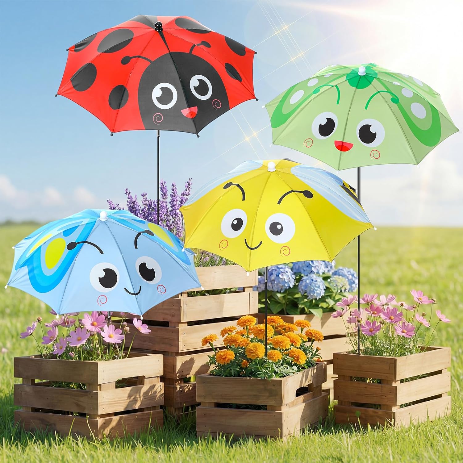 Sadnyy 4 Pack Plant Umbrellas for Outdoor Plants 24 Inch Spring Animal Theme Adjustable Height Garden Umbrella Sun Shade for Potted Plant Courtyard Balcony (Ladybug, Butterflies, Bees, Dragonflies)