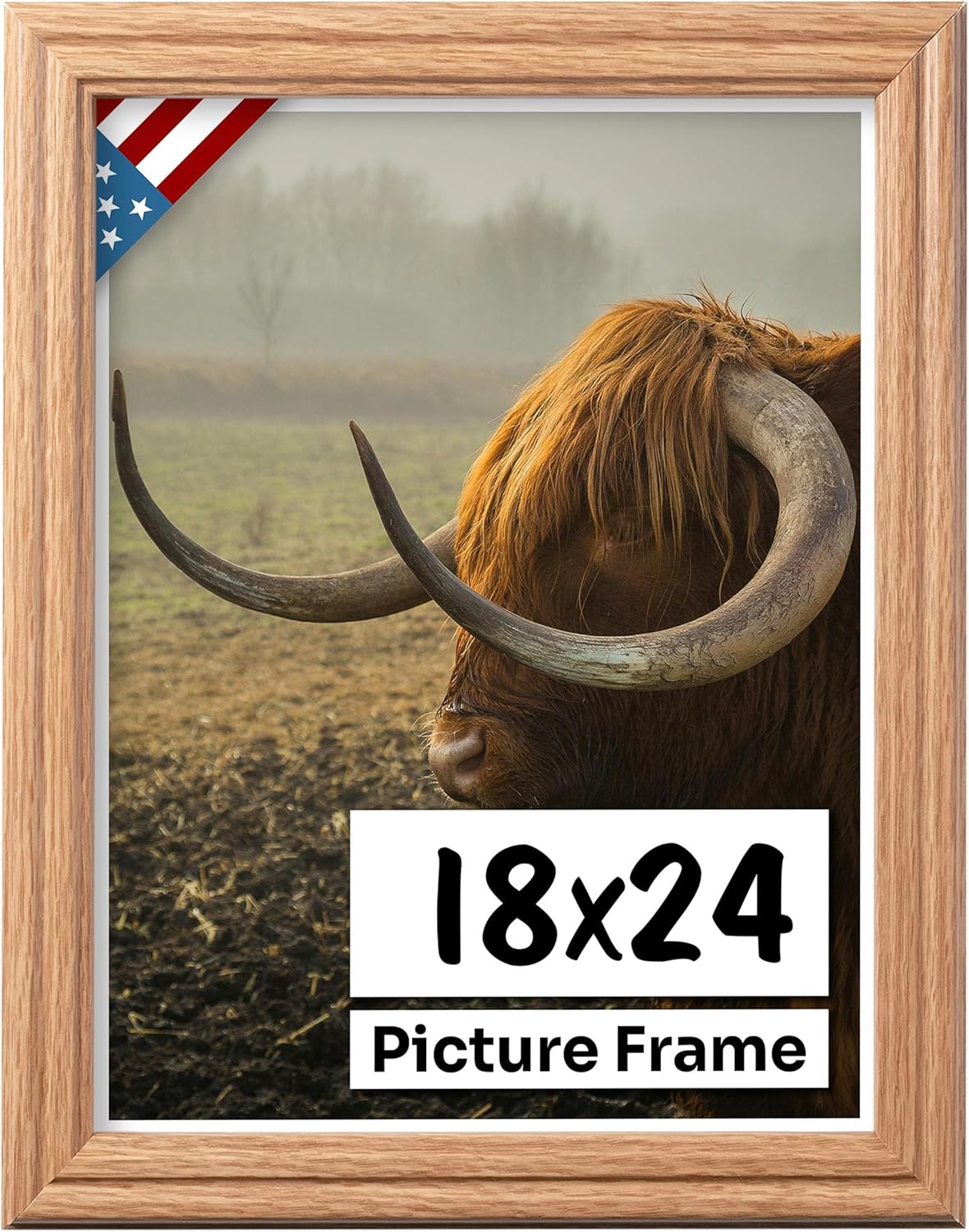 Oak 18x24 Picture Frame .75" Inch Wide - Faux Oak Decor Handmade Solid Wood Frames with Preinstalled Hangers and UV Blocking Plexiglass 24x18 Frame
