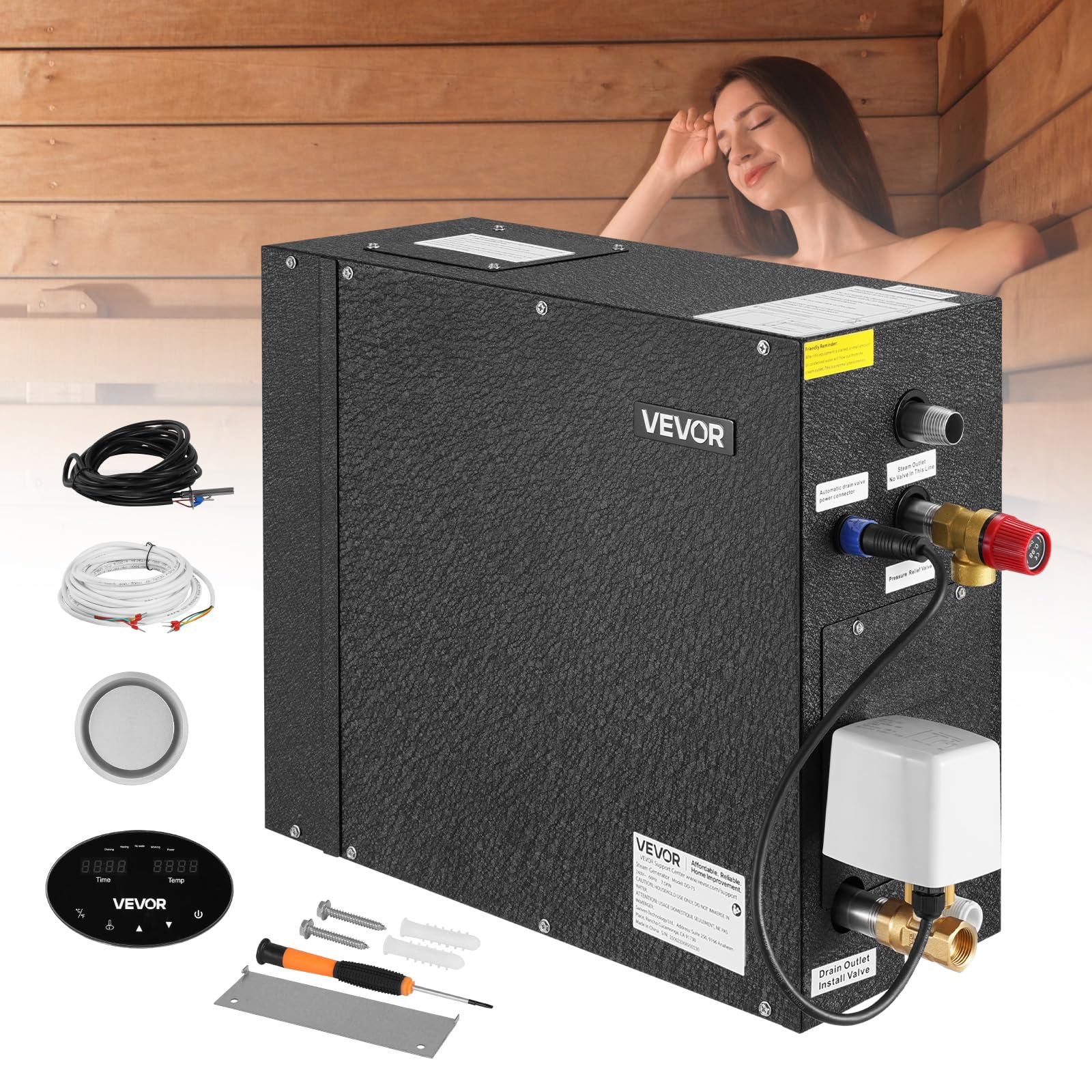 VEVOR Generador de Vapor 7,5 kW para Sauna, Ducha, Baño, Spa, con Controlador, Kit de Drenaje Automático, Protección contra Sobrecalentamiento, Funcionamiento en Seco, 485 x 185 x 380 mm, Negro