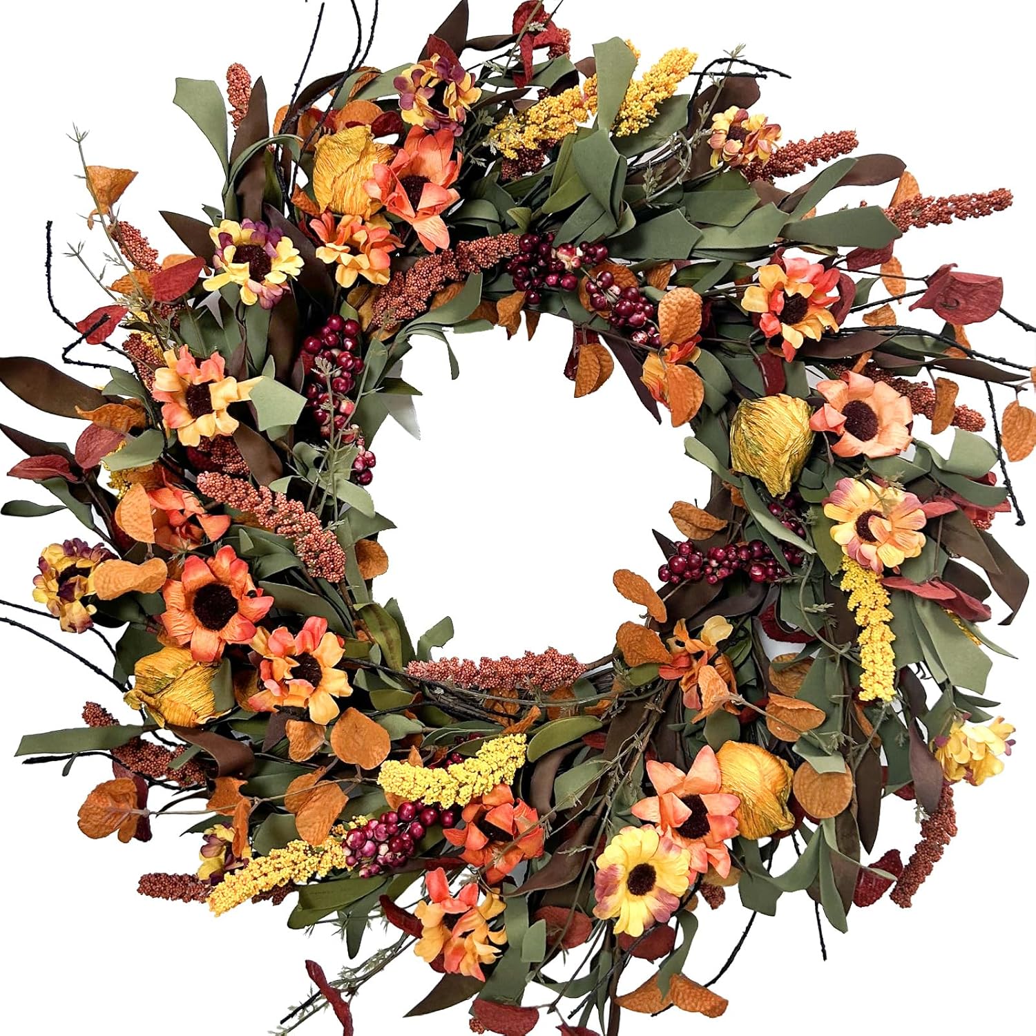 20Inch Fall Daisy Flower Wreath with Berries for Front Door, Harvest Artificial Flower Wreath with Soft Touch Leaves for Indoor and Outdoor Home Decor, Autumn Flower Wreath for Home Decor