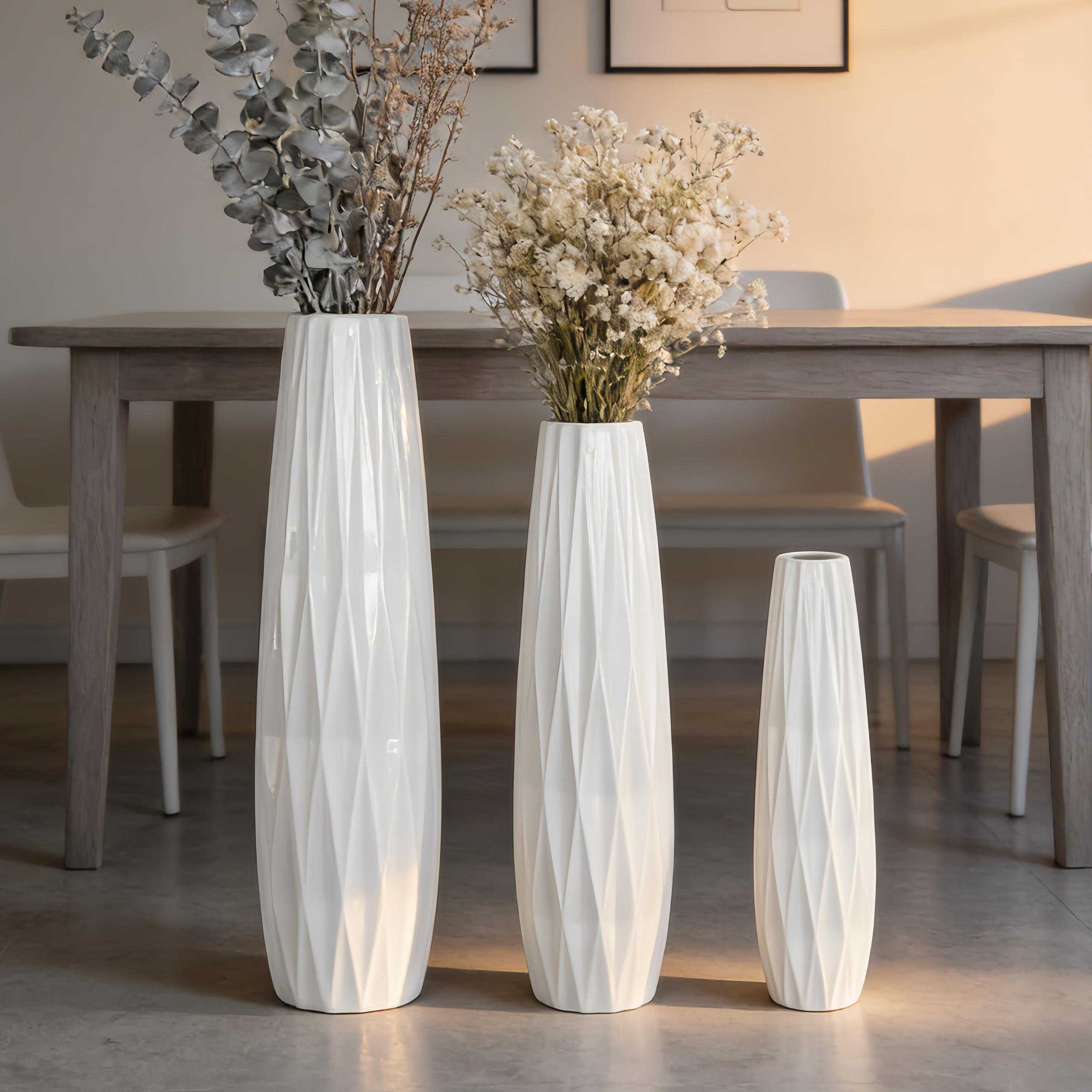 Vaso da pavimento in ceramica bianca alto 45 cm – Vaso decorativo grande per tavolo, scaffale, soggiorno – Porta fiori per fiori secchi – Design semplice
