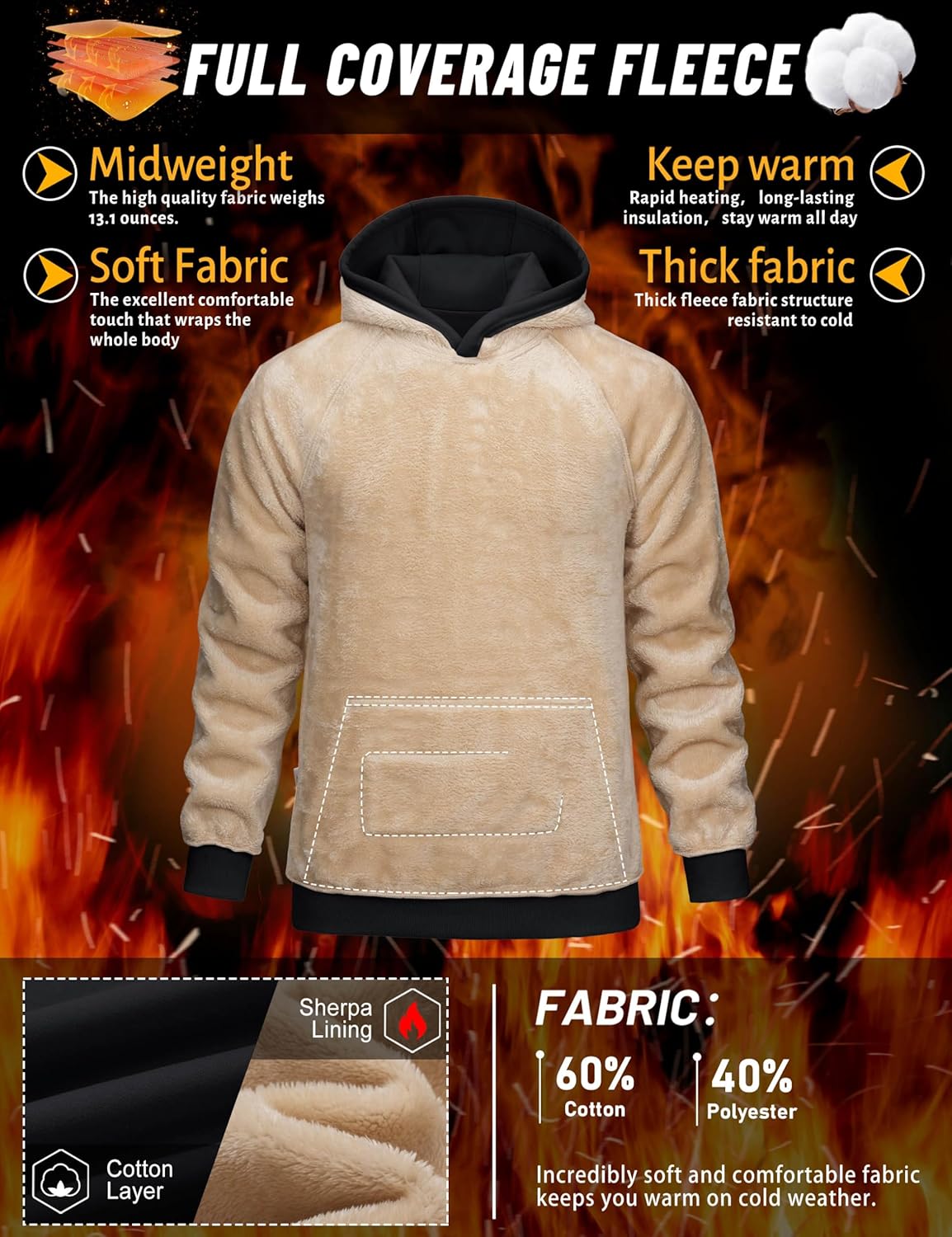 TACVASEN Men's Sherpa Lined Hoodies Pullover Midweight Fleece Winter Warm Athletic Sweatshirts with Kangaroo Pocket - Image 2