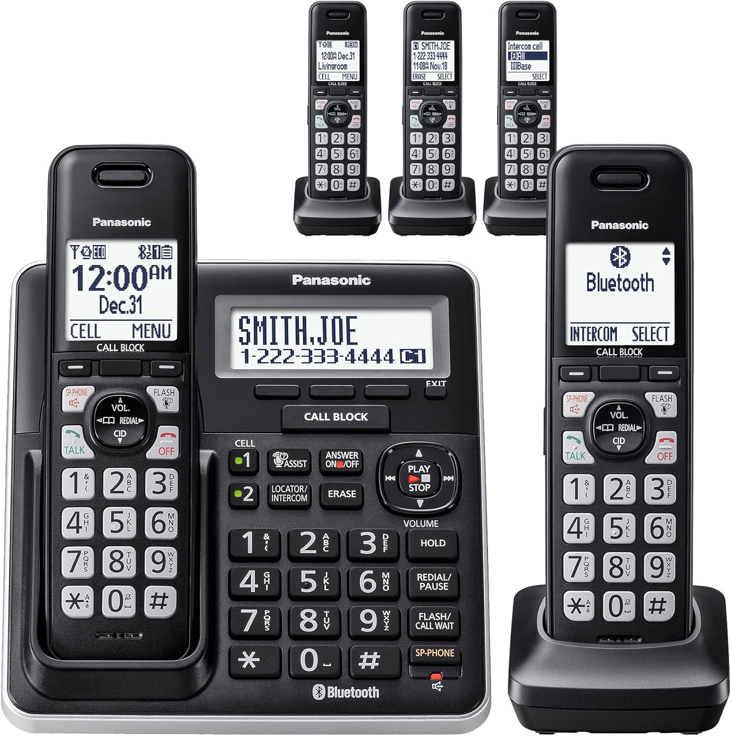 Panasonic Link2Cell DECT 6.0 Expandable Cordless Phone System with Digital Answering System – 5 Handsets – KX-TGF775S – Silver
