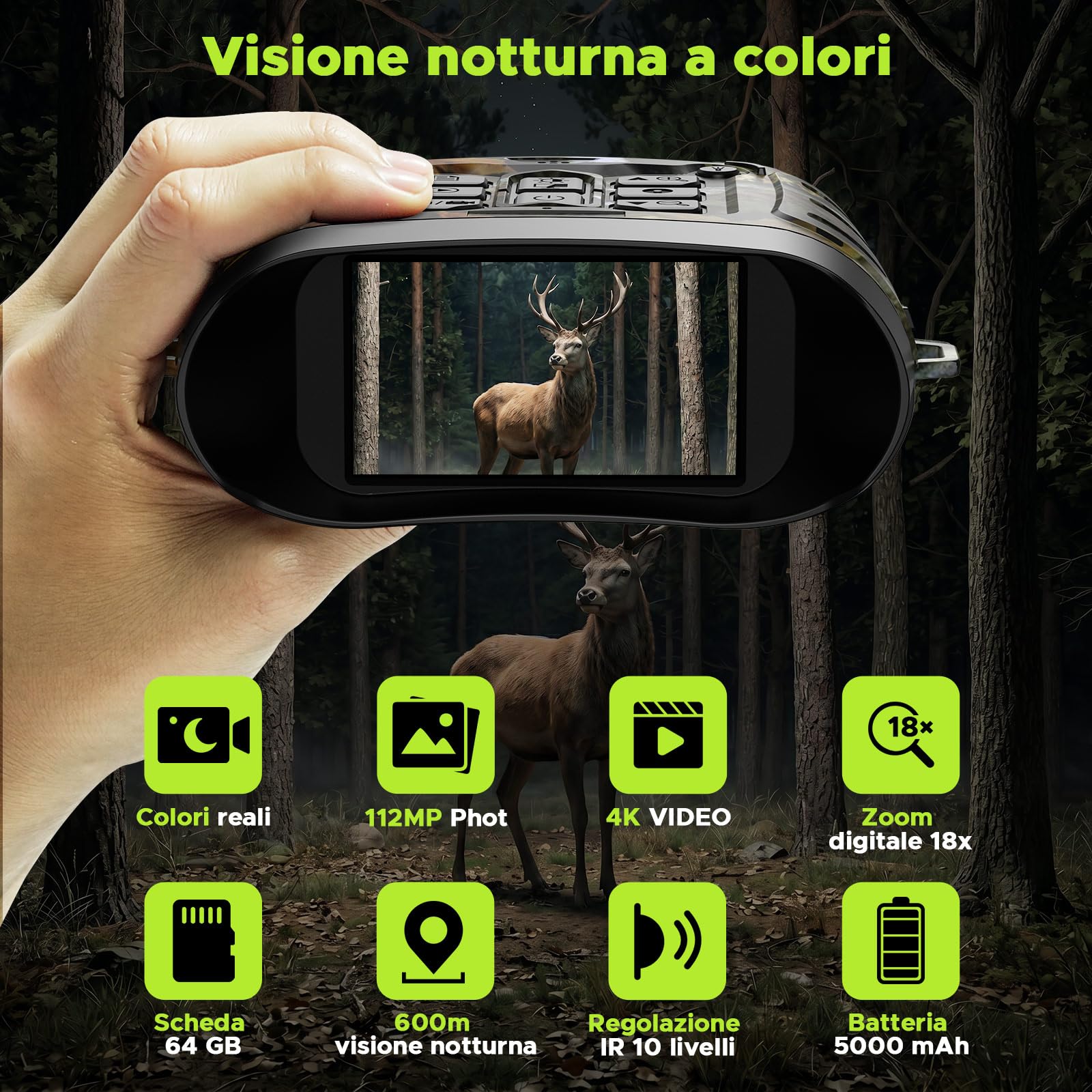 Binocolo 4K Ultra HD 112MP – Visione Notturna a Colori | 600m IR zoom 18X 5000mAh 64GB rilevamento mov. custodia regalo. Caccia campeggio uccelli. Full color notte