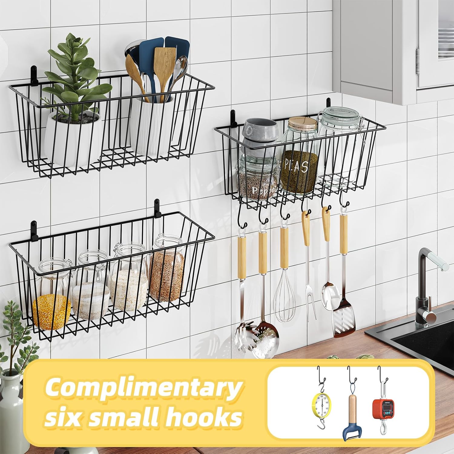 Simple Trending 6 Pack Wire Basket Wall Mount Baskets Hanging Baskets, Cabinets Organizer and Storage with Hooks for Kitchen, Garage and Bathroom - Image 4