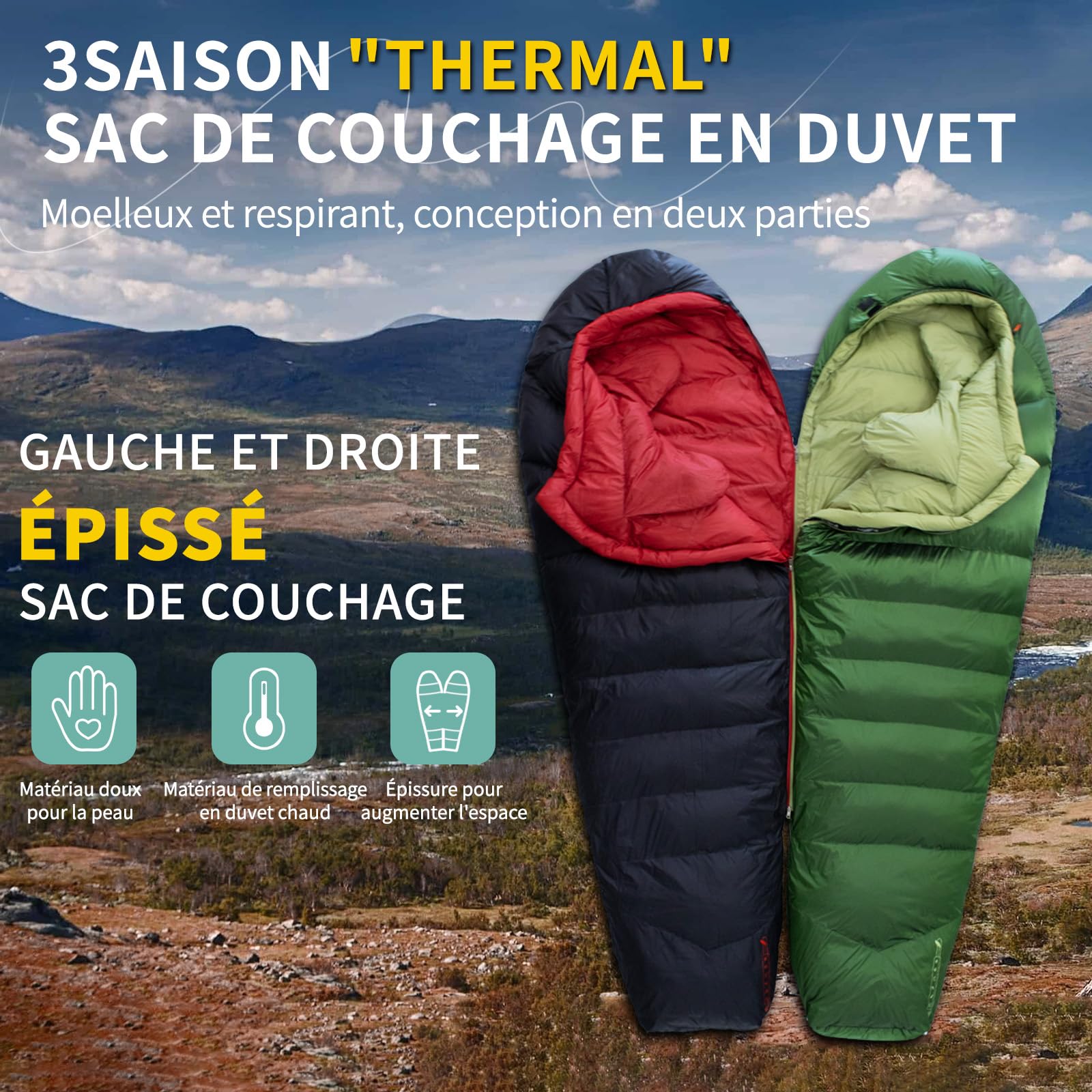Sac de Couchage en Duvet, Ultra léger et Chaud, Sac de Couchage 3 Saisons pour Adulte, léger et Facile à Transporter, idéal pour la randonnée, Le Sac à Dos et Le Camping.