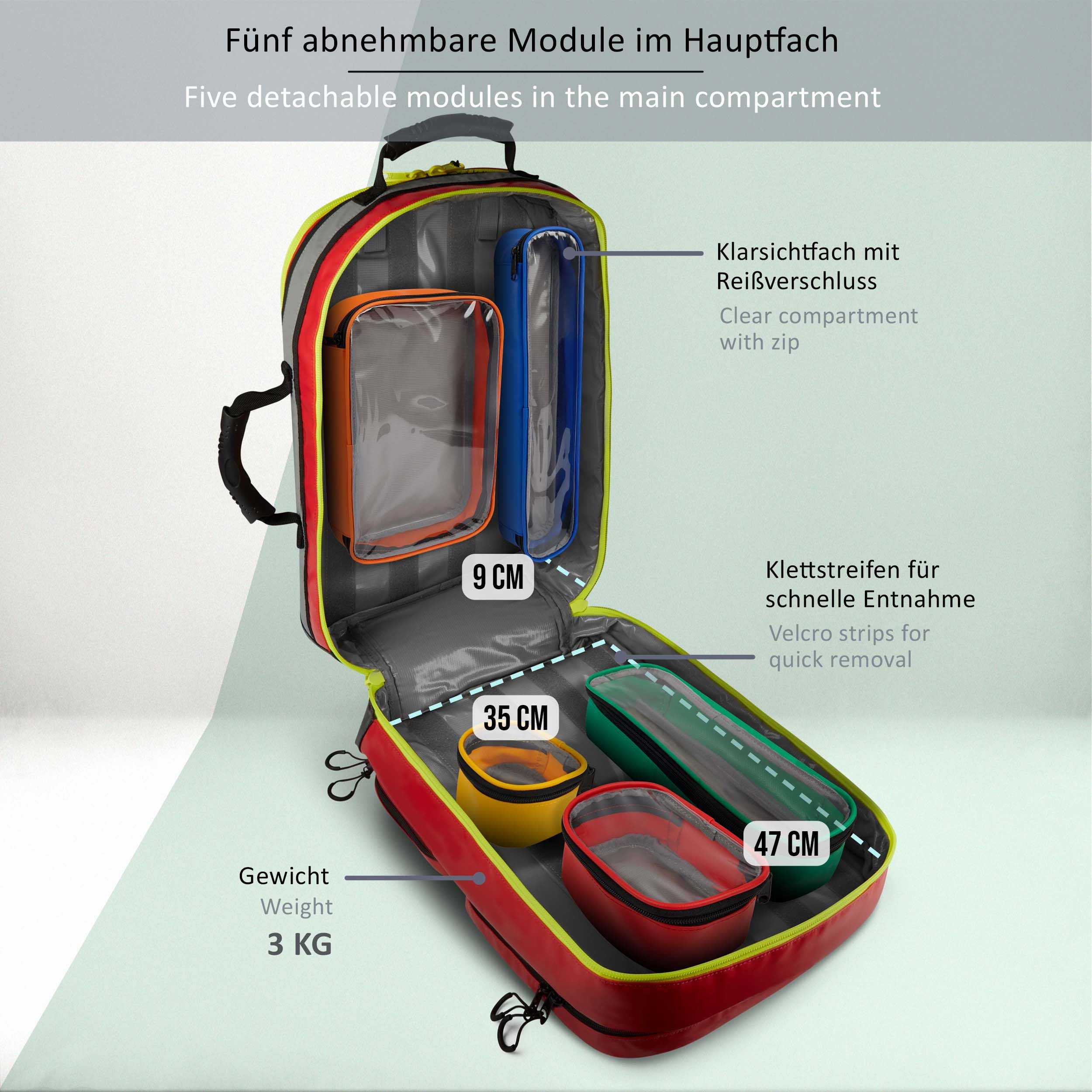 PULOX Notfallrucksack mit farbigem Klett-Modul-System - Unbefüllt | Erste-Hilfe-Rucksack, Rettungsrucksack mit übersichtlichem Klett-Modul-System zur individuellen Bestückung - ohne Füllung