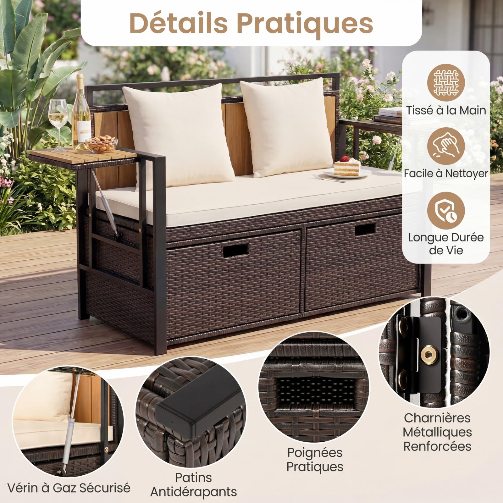 COSTWAY 2 en 1 Banc Coffre Extérieur en Rotin PE, Banc de Jardin 2 Places avec Coussins, Coffre de Rangement 142,5 L, 2 Tables d'Appoint Pliables, Charge 360 kg, pour Terrasse Jardin Balcon (Blanc)