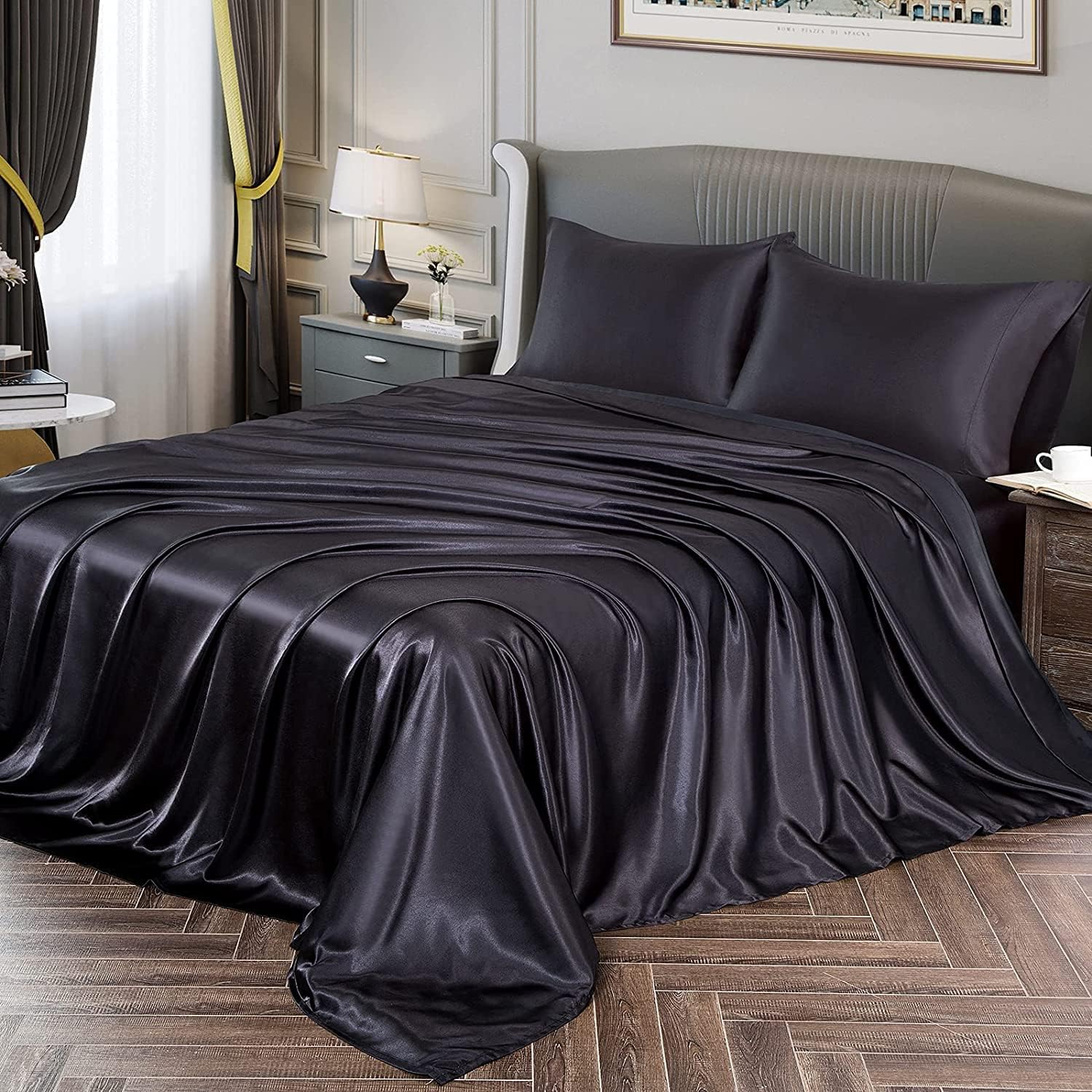 LIODUX 4Pcs Satin Sheets Set Luxury Silky Soft Satin Bed Sheets Satin Sheet Set, Extra Soft Microfiber Sheet Set,Wrinkle,Stain Resistant,1 Fitted Sheet + 1 Flat Sheet + 2 Pillowcases (Black,Queen)