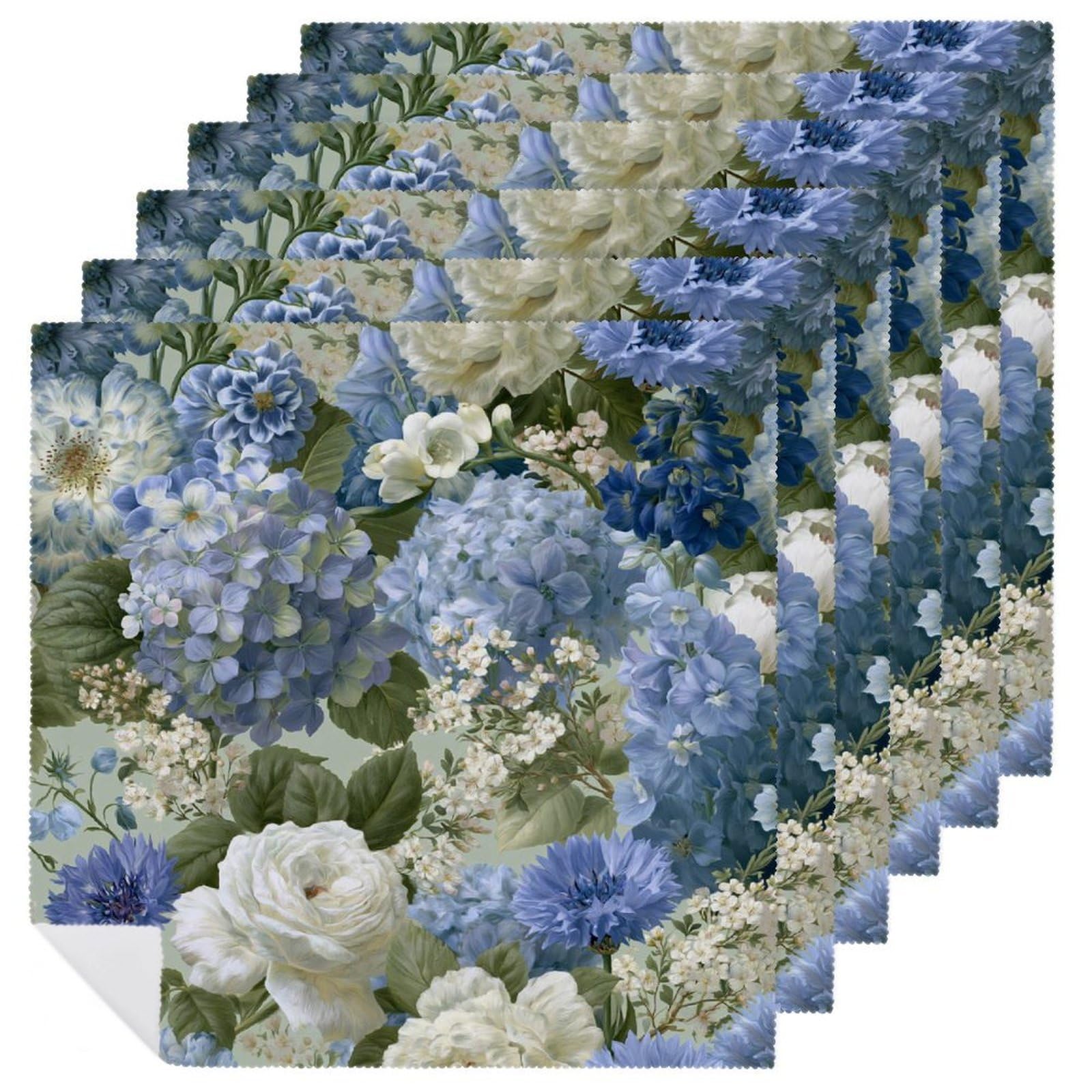 Delphiniums Hydrangeas White Garden Roses Cloth Napkins Set of 6, Square Premium Reusable Washable Polyester Table Linen Napkin for Dinner Party