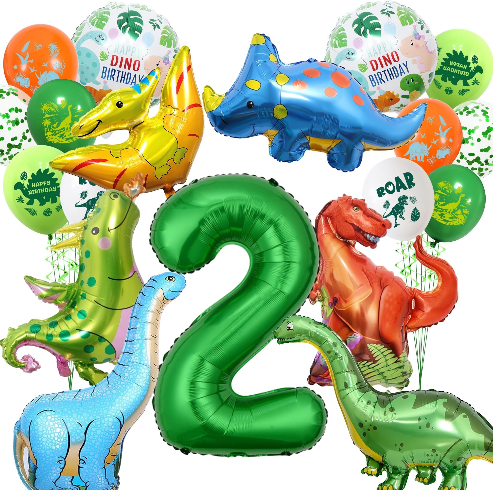 Dinosaur 2nd Birthday Decorations Balloons - Dino Party Supplies Set with Green Letter Giant Number Foil Balloon, Jungle Theme Latex Balloons for 2 Years Old Kids Birthday Party