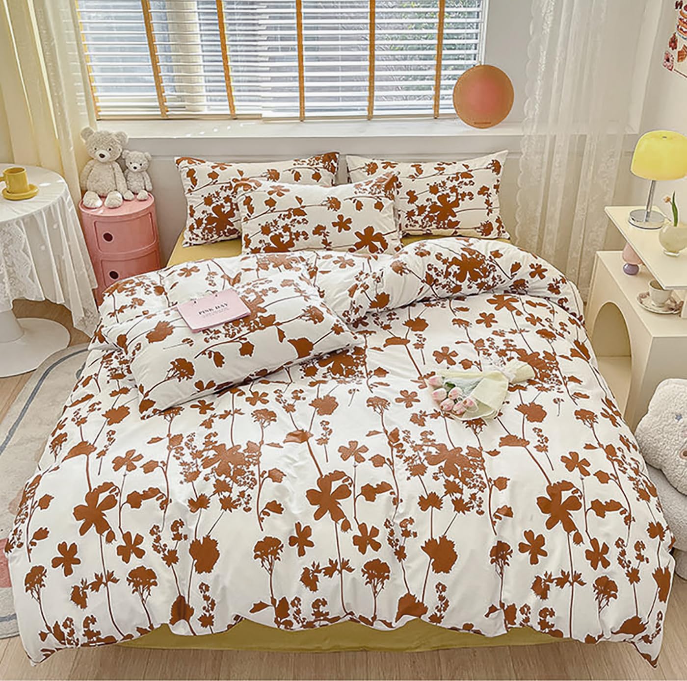 KAREVER Pumpkin Botanical Comforter Set Full White and Pumpkin Floral Plant Bedding Comforter Set Girls Pumpkin Color Blossom Leavs Printed on White