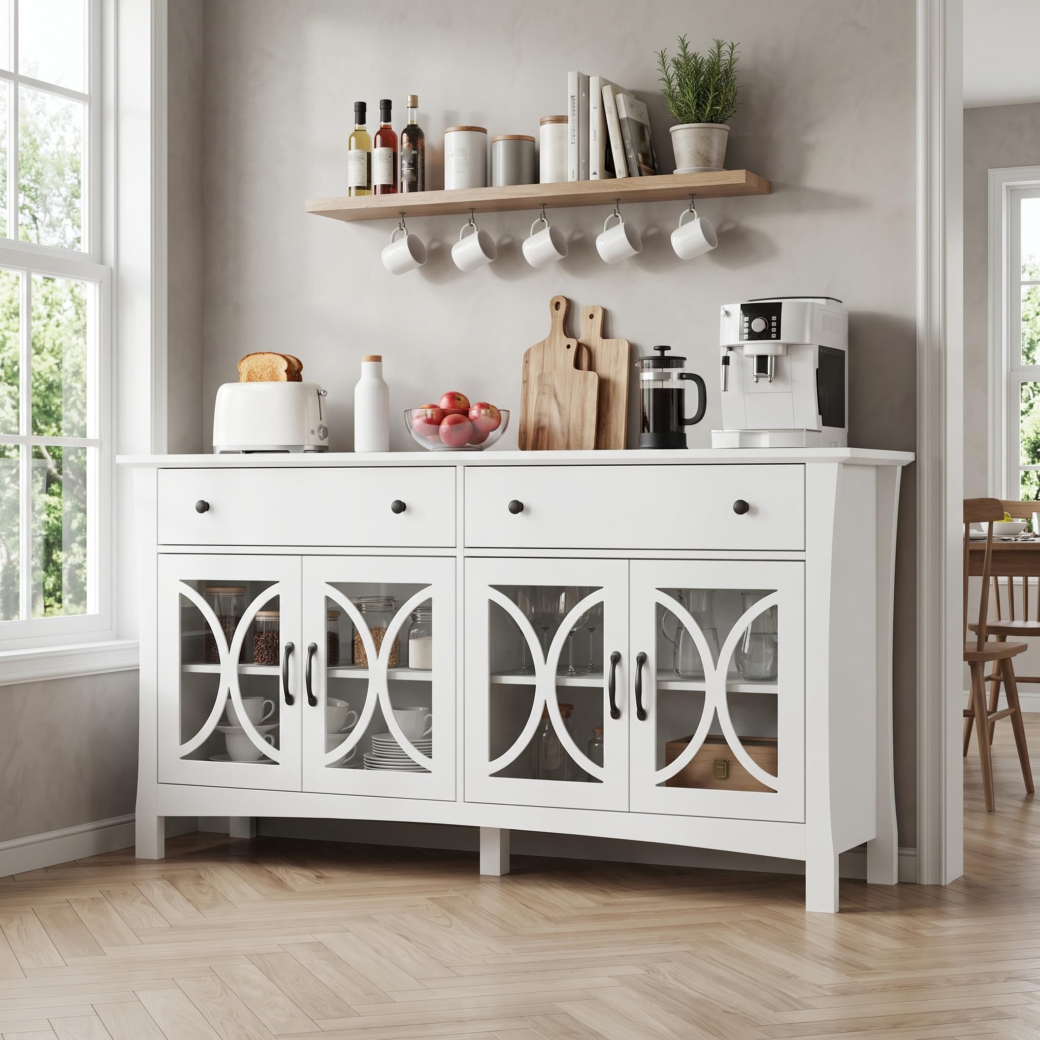 Modern White Sideboard with Glass Doors, 140cm Storage Cabinet with Drawers