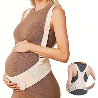 Maternity Belly Band with Back Support Over-the-Shoulder Pregnancy Support Belt with Lumbar Support, Breathable Mesh Design, Strong Adjustable Hook & Loop Straps, No Digging Comfort for All-Day Wear Beige, Medium121-160LB
