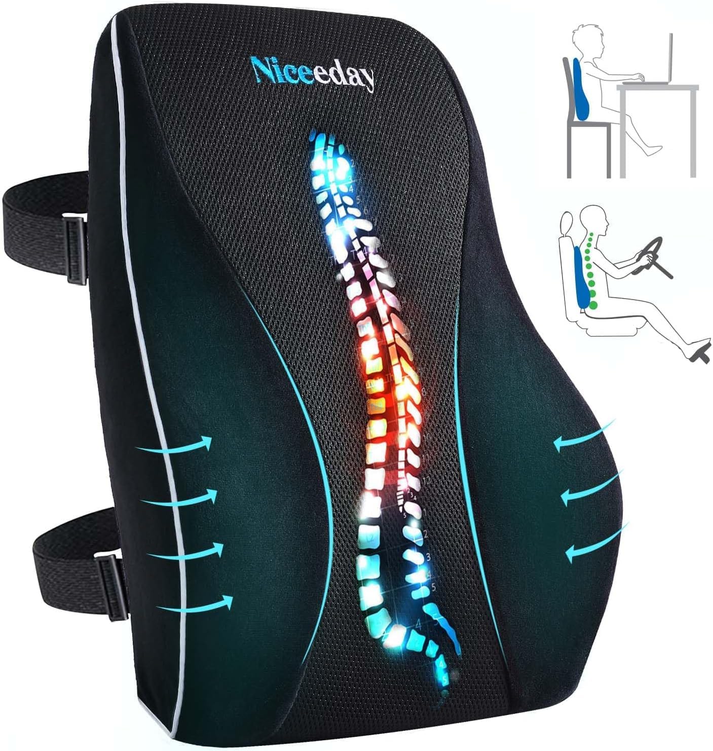 Niceeday Lumbar Support Pillow for Office Chair Car Back Support Pillow, Memory Foam Gaming Chair Desk Chair Back Cushion for Lower Back Pain Relief, Ergonomic Back Rest,Stocking Stuffers