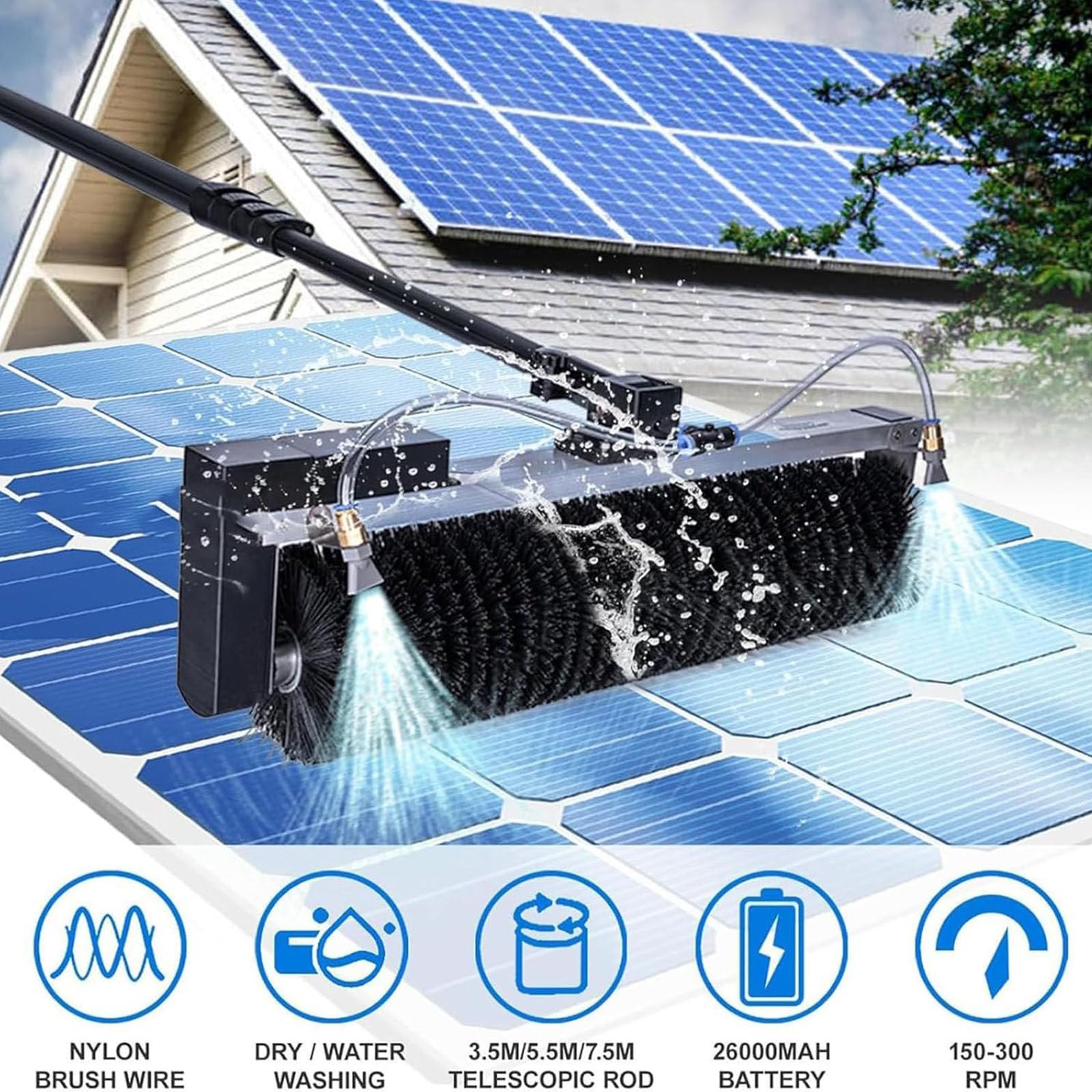 Strumenti Elettrici per Manutenzione Pannelli Fotovoltaici, Spazzola Rotante 60cm, Asta Telescopica 3,5/5,5/7,5m, Alimentata Acqua, Batteria 24V 30Ah per Pulizia di Vetrate e Tetti 7.5M/24FT
