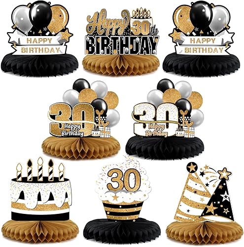 Miniatura 177 de LINGTEER Decoración feliz 50 cumpleaños negro y dorado de papel para mesa - Juego de centros de mesa con estrella de pastel y globo, 8 piezas