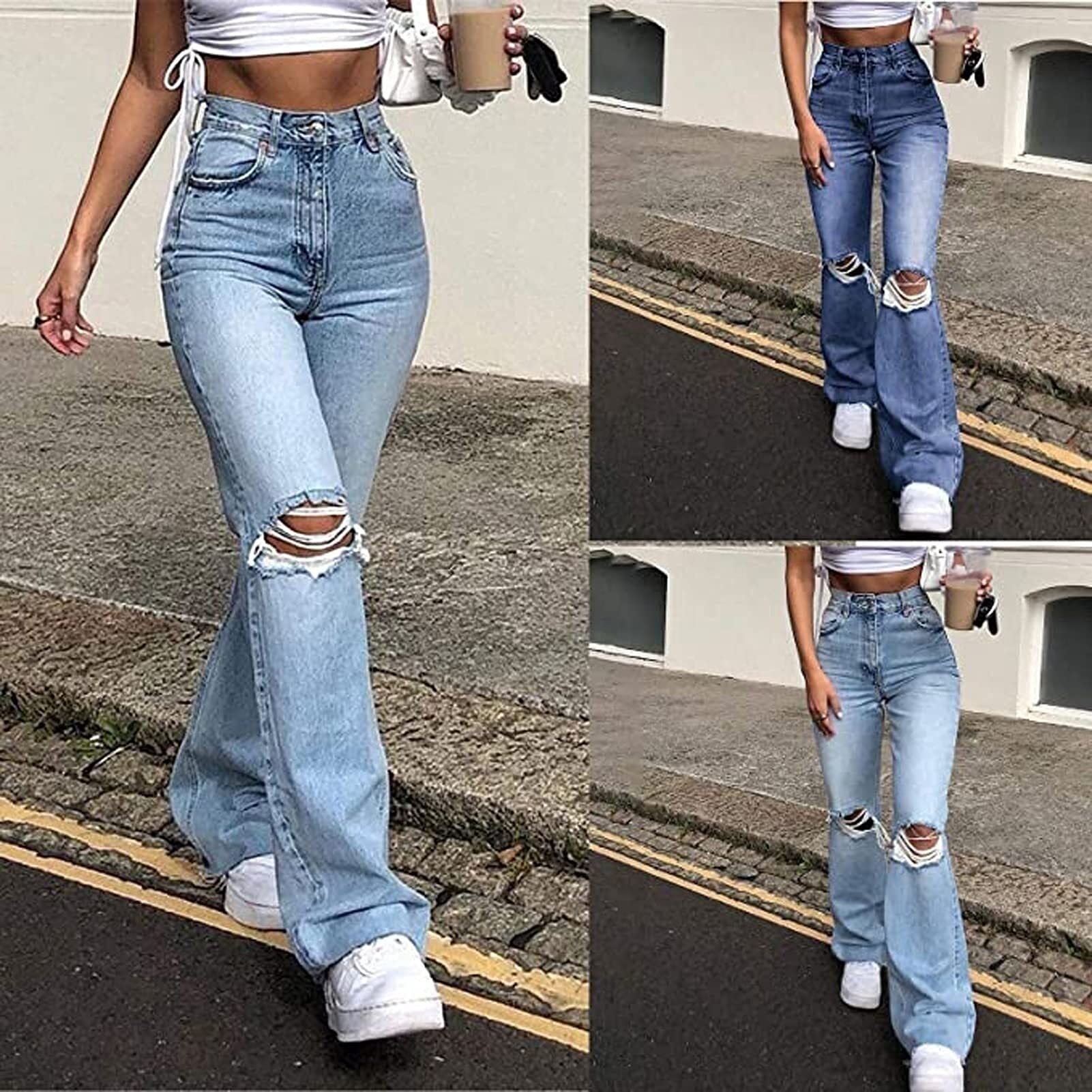 Jeans Large Troué Femme - Coupe Baggy Taille Basse, Style Y2K Streetwear, Tissu Stretch Confortable