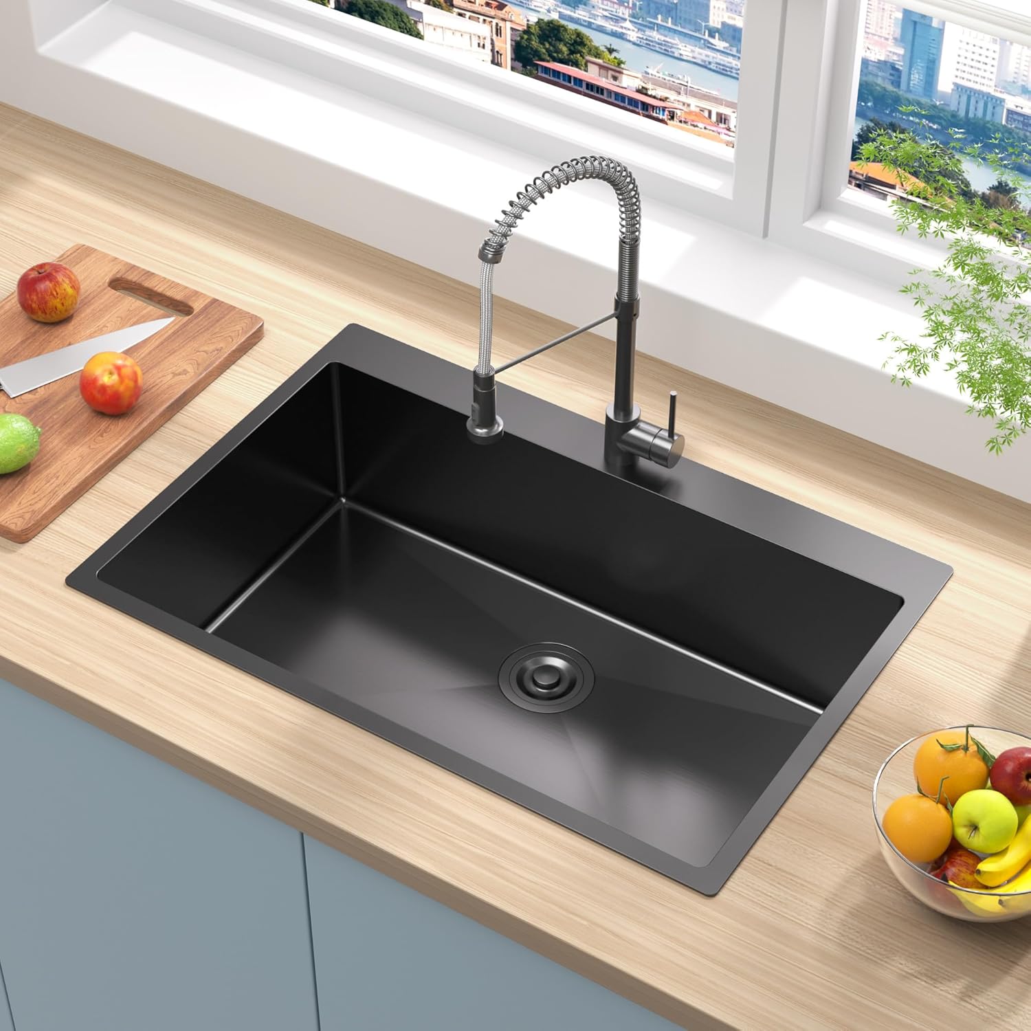 33x22x9 Inch Drop In Deep Single Bowl Kitchen Sink (Topmount), 16 Gauge SUS304 Stainless Steel Black Modern Handmade Sink