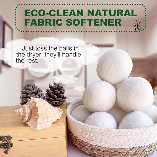 Miniatura 5 de Juego de 7 bolas de secado de lana natural de lujo, paquete de 7 en cesta de cola de gata, acelera el secado, reduce las arrugas de la ropa, lana de