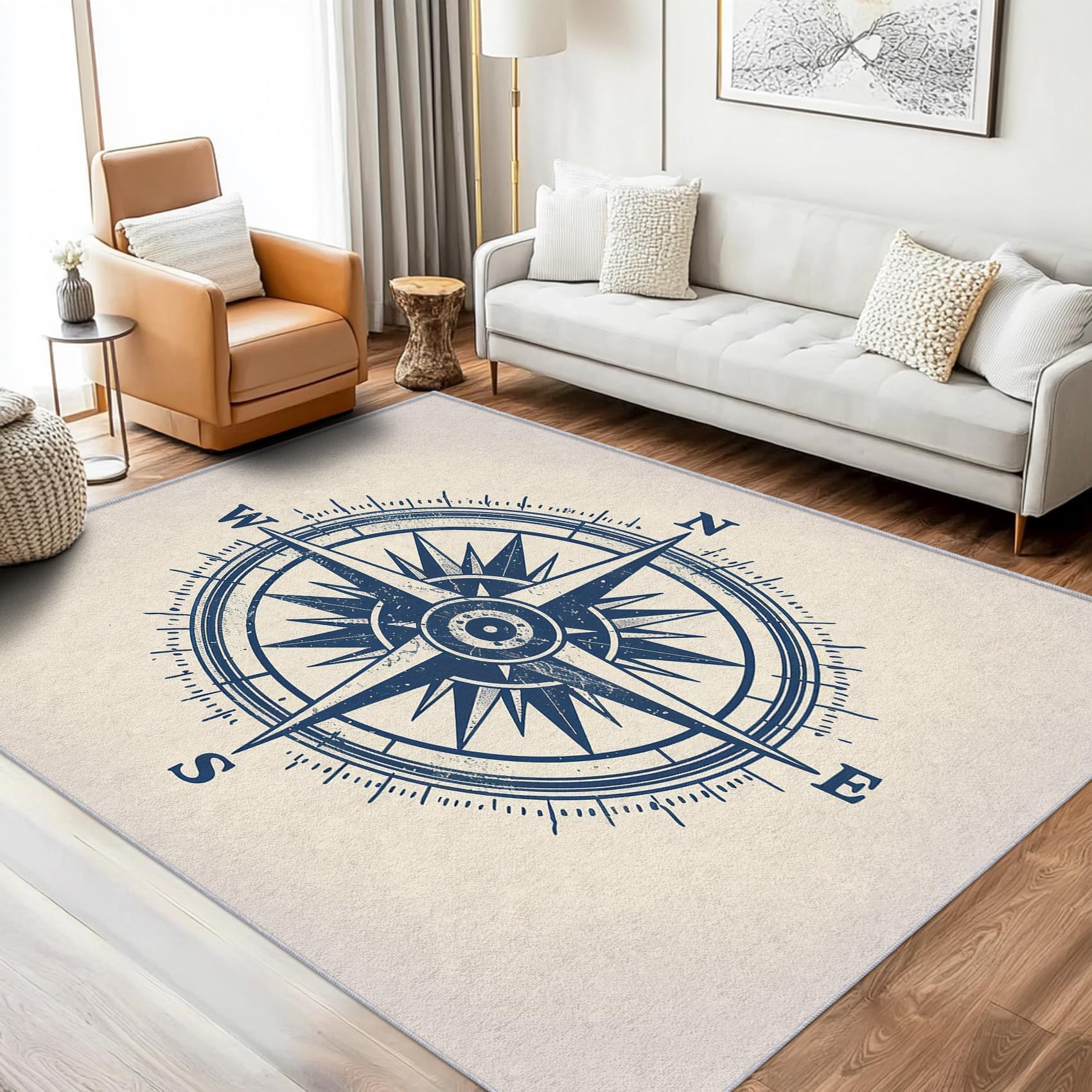 Tapis boussole vintage bleu pour une ambiance marine au salon