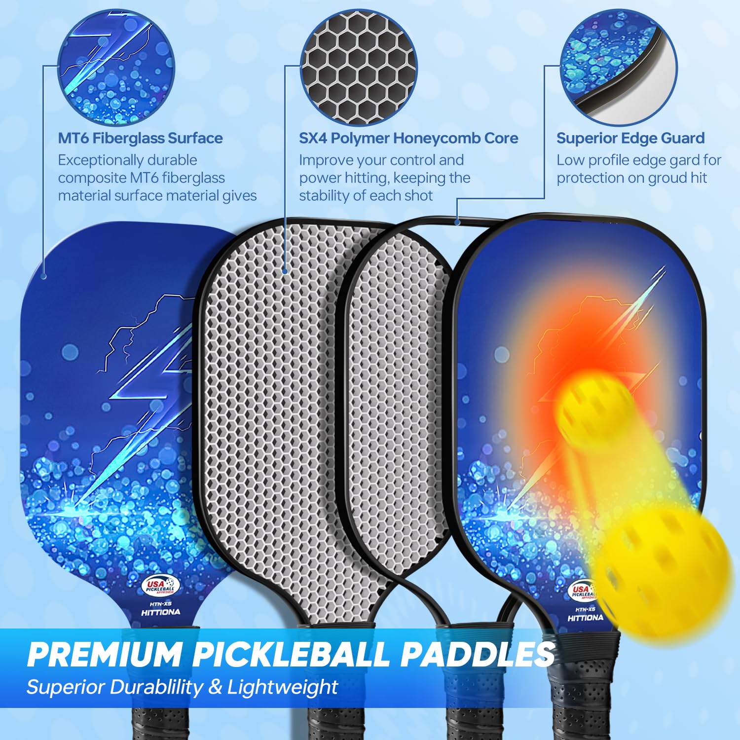 Pickleball Paddles Set of 2 - USAPA Approved Fiberglass