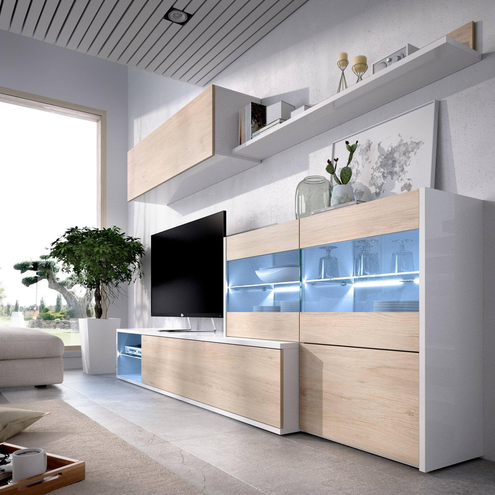 Dmora Parete Attrezzata Adams 41x260x180h cm Marrone Rovere 9 Ripiani Modulabile, Apertura Battente e a Ribalta