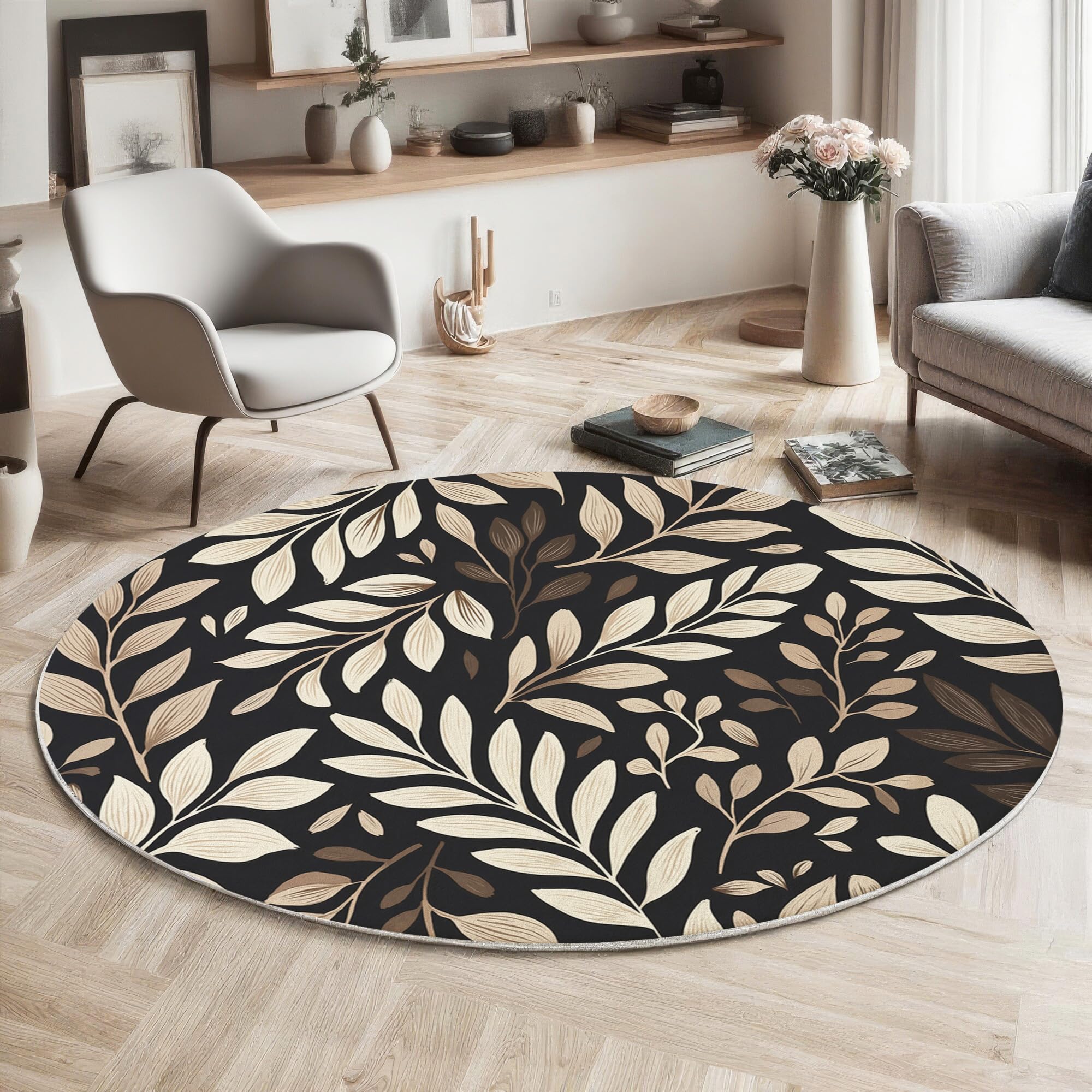 Tapis rond motifs végétaux abstraits beige de 140cm lavable