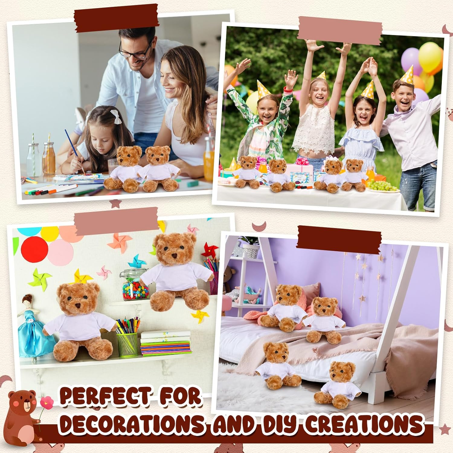 40 Pcs Make Your Own Stuffed Animal Bear Kit DIY Easter Plush Gift 10 Pcs 9.84 Inches Rose Velvet Bear 10 White T Shirt 10 Set 12 Color Pen and Card for Easter Party DIY Craft Gift(Brown)