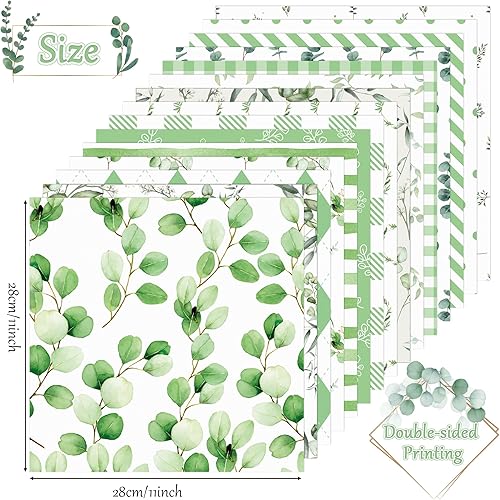 Miniatura 2 de Haooryx 60 hojas de eucalipto verdes, 11 x 11 pulgadas, papel decorativo de doble cara para manualidades, hojas de eucalipto, a cuadros, álbumes de