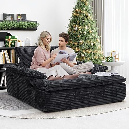 LIKIMIO 59'' Oversized Chaise Lounge Chair Sofa Bed - Plush Corduroy Upholstered Reading Chair, Cloud Couch for Living Room, No Assembly (Black)