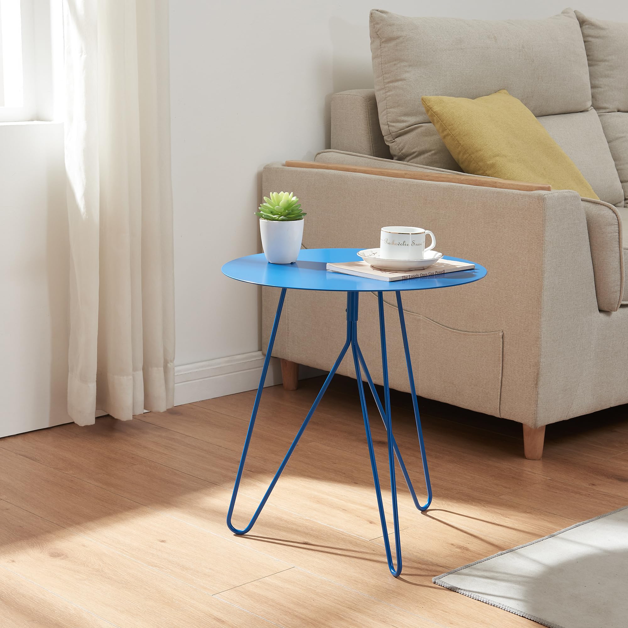 [en.casa] Tavolino Laterale con Gambe a Forcina Hairpin Tavolino da Caffè a Piano Rotondo 45 x Ø43 cm in Metallo per Soggiorno Salotto Camera da Letto - Blu Opaco