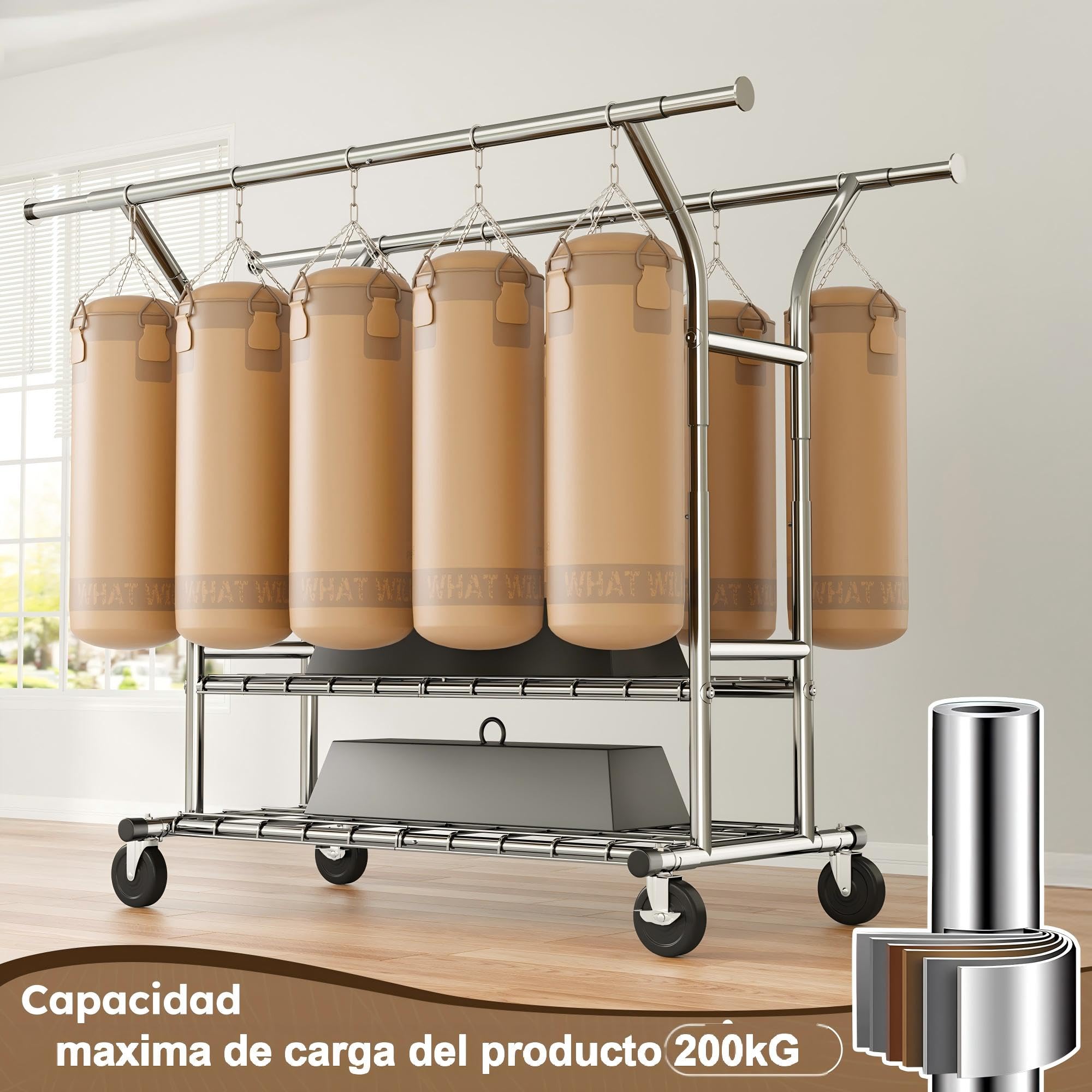 Burro Ropa Sólido con Ruedas, Perchero Burro Ropa Extensible com Cargas Pesadas, Capacidade de Carga Máxima. 200kg, Roupa con Ruedas Para Almacenamiento, Entrada, Quarto ou Vestiário, Prata