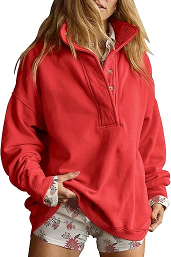 Gacaky Sweatshirt for Women Oversized Casual Long Sleeve Button Henley Neck Pullover Tops Fashion Outfits Clothes