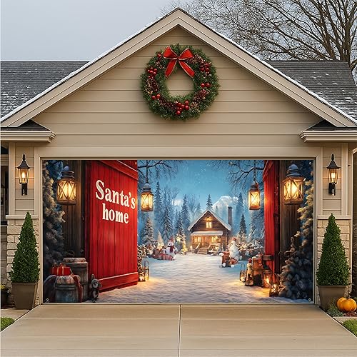 Miniatura 15 de Pancarta navideña para puerta de garaje, escena nocturna de invierno de 6 x 13 pies con camión retro de Papá Noel, decoración grande de vacaciones