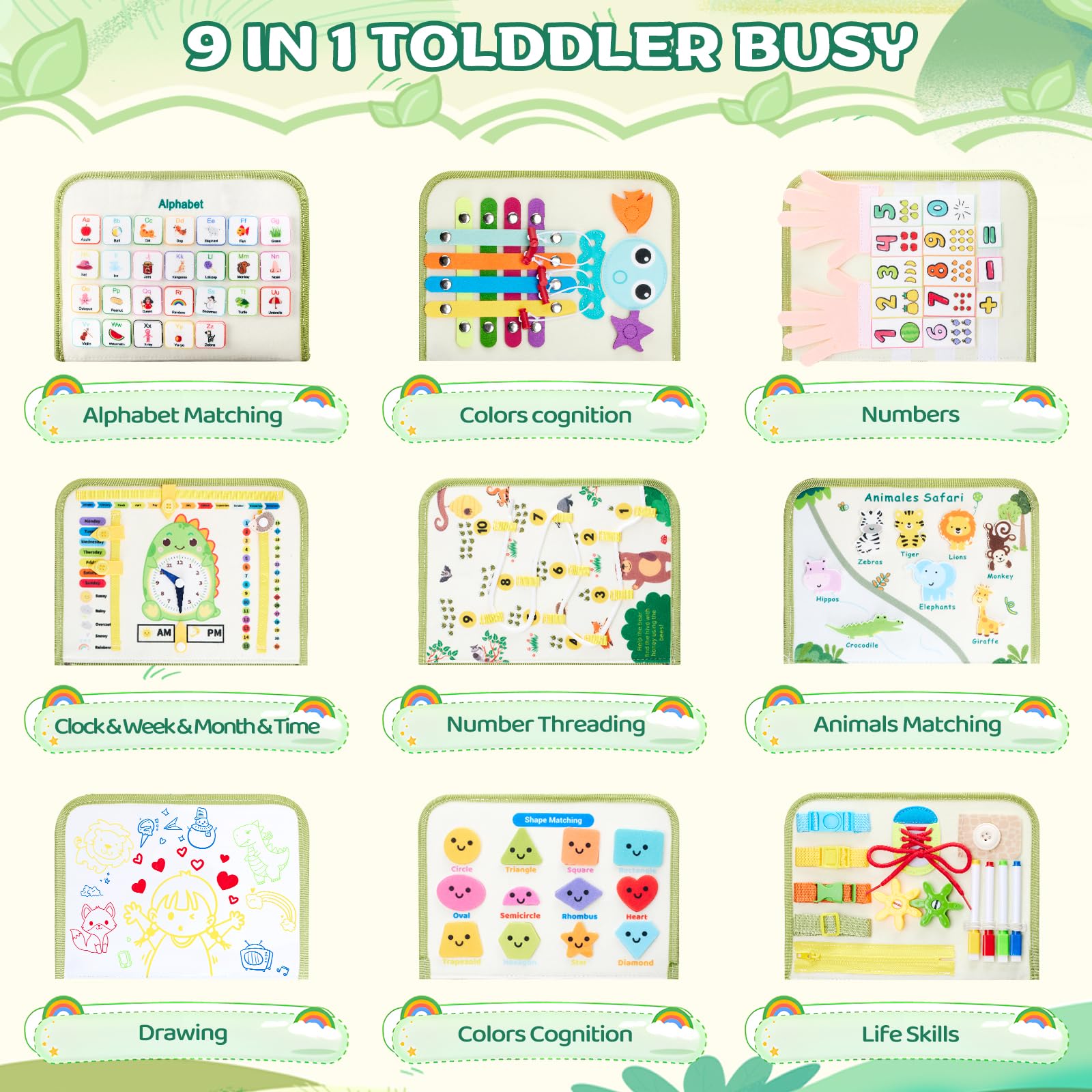 Busy Board, Quiet Book Montessori zabawka dla dzieci od 3, 4, 5, 6 lat, 9 w 1, zabawka motoryczna, zabawka sensoryczna, zabawka edukacyjna, książka o aktywności, zabawka podróżna, prezent dla chłopców