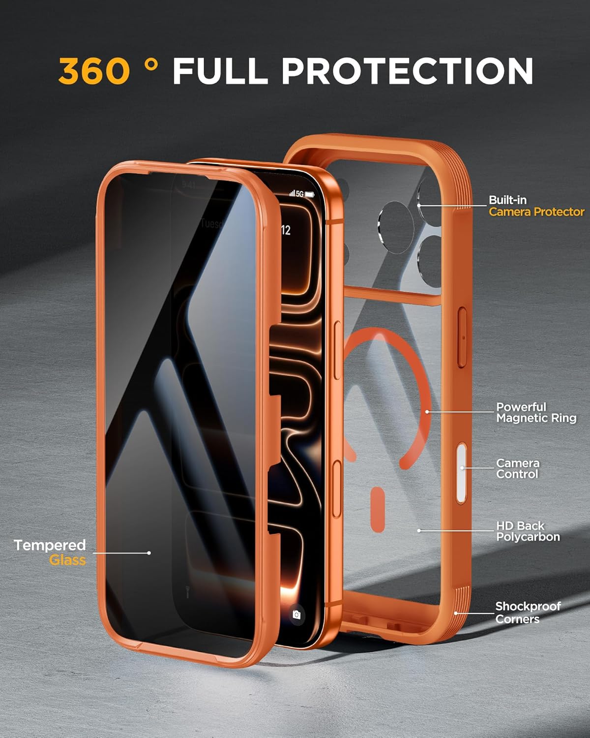 Miracase Magnetic for iPhone 17 Pro Max Case with Privacy Screen Protector [Compatible with MagSafe], Full Camera Protection and Full Body Shockproof Bumper 17 Pro Max Phone Cover 6.9", Orange