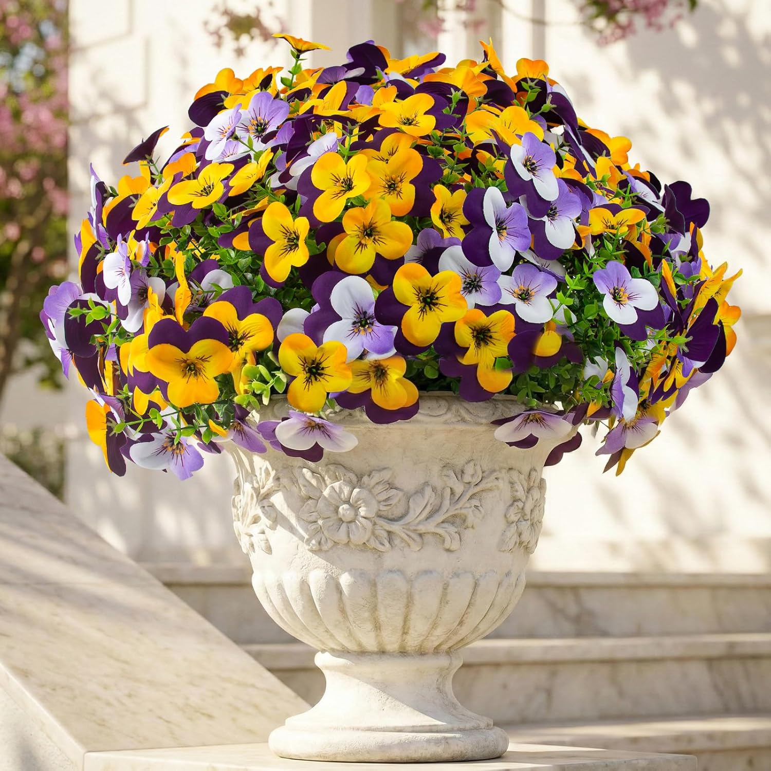 32 Pcs Artificial Pansy Flowers for Outdoors UV Resistant Faux Silk Spring Flowers for Outside, Realistic Pansies for Window, Front Door Porch and Home Decor (32, Purple, Yellow, White, Light Purple)