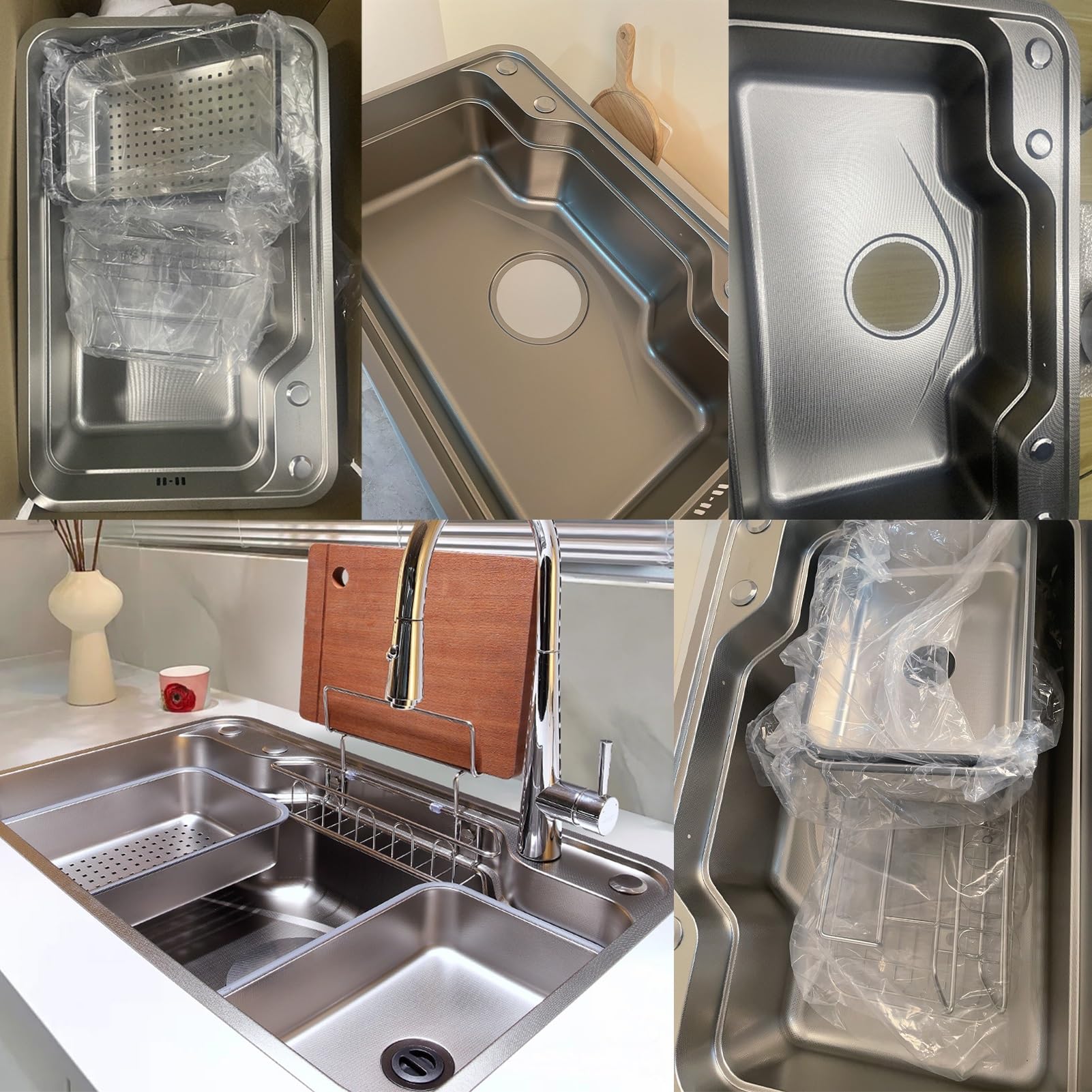 Moderno lavello da cucina a vasca singola con rubinetto a cascata estraibile, design giapponese, rondella tazza, foro di scarico, 78 x 48 x 22 cm, tial per cucine Slish