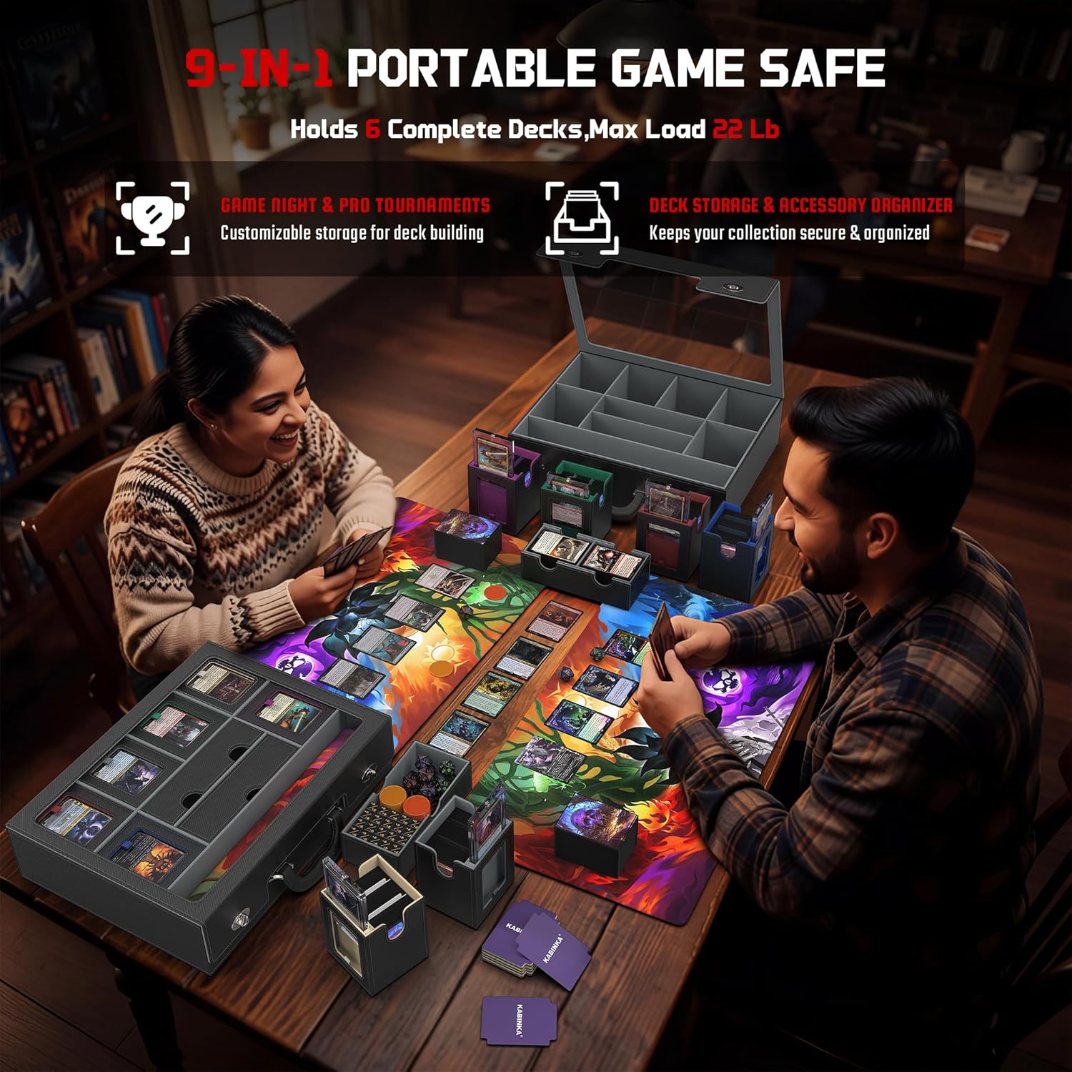 Kabinka MTG Commander Deck Box, Modular 9-in-1 TCG Card Storage Box with Dice Tray & Sideboard Box, 6-Deck Capacity Card Case, Includes 6 Magnetic Card Holders/100CT Card Sleeves/Playmat, Multicolour