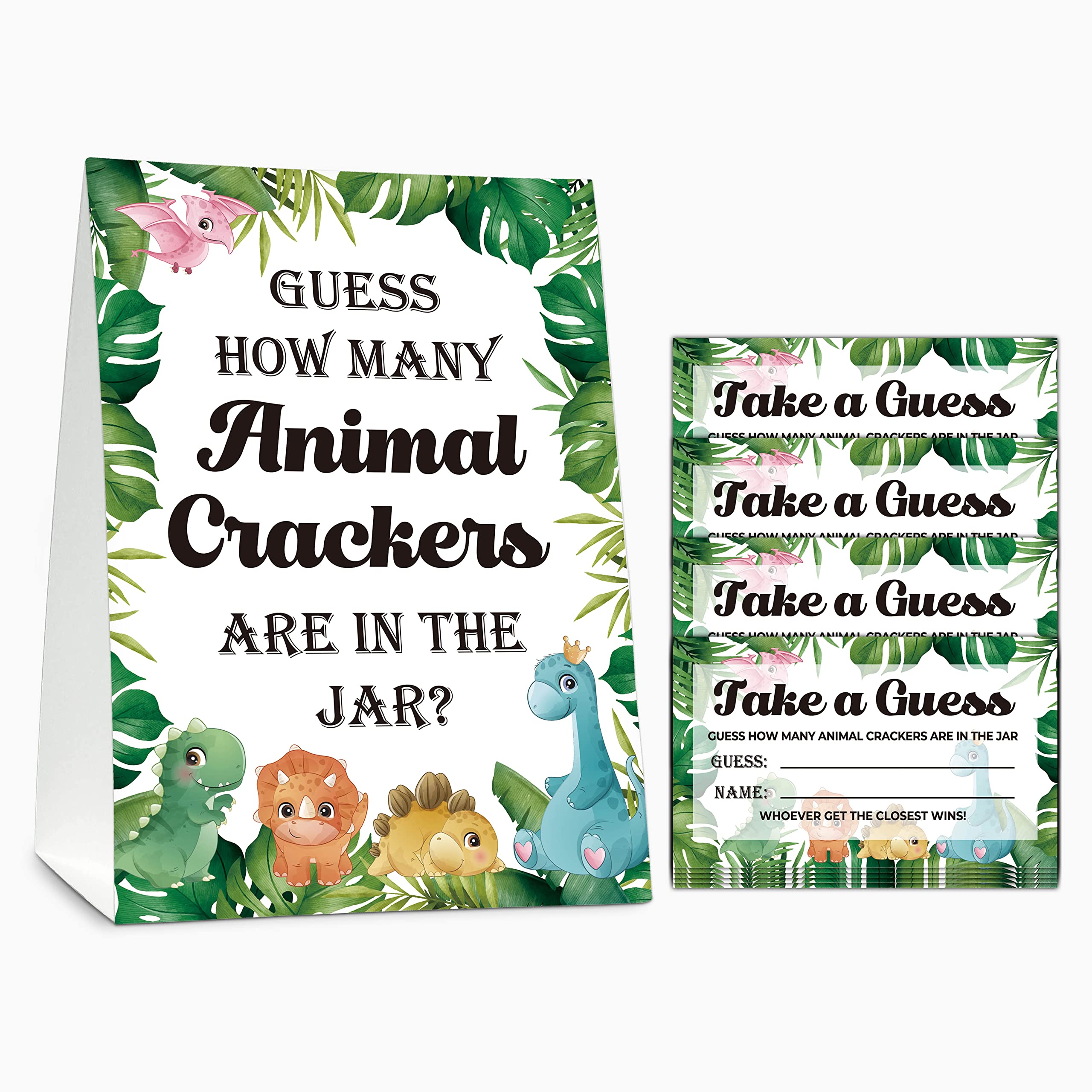 Photo 1 of Baby Shower Game Set, Dinosaur Theme Guess How Many Animal Crackers for Baby Shower, Safari Jungle Theme Baby Shower Party Favor Decor(1 Standing Sign + 50 Guessing Cards) - A03