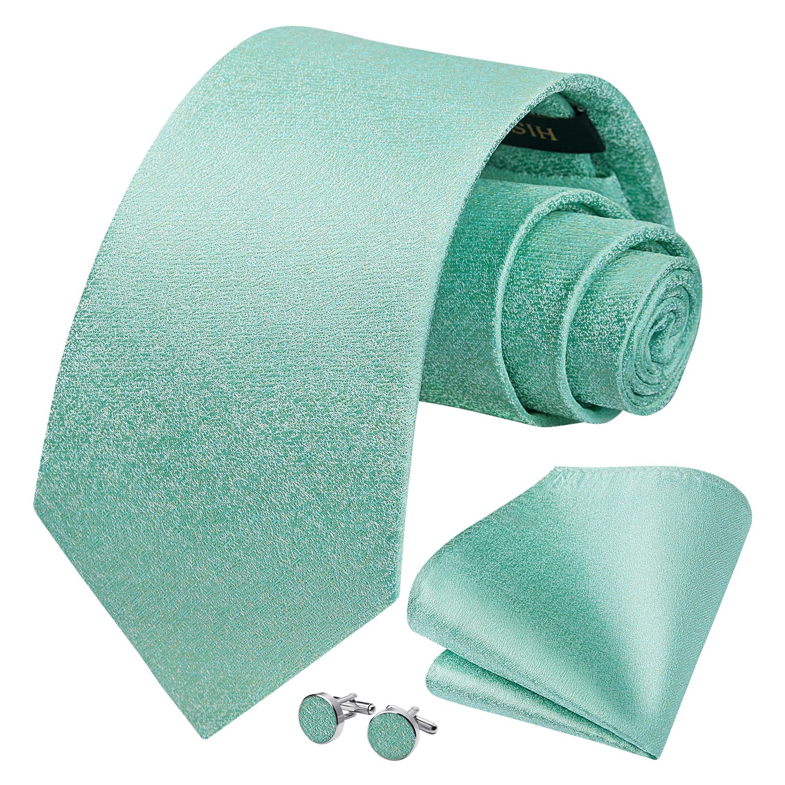 HISDERN Mens Solid Ties Formal Business Woven Tie and Pocket Square Cufflinks Set Classic Silk Satin Necktie Wedding