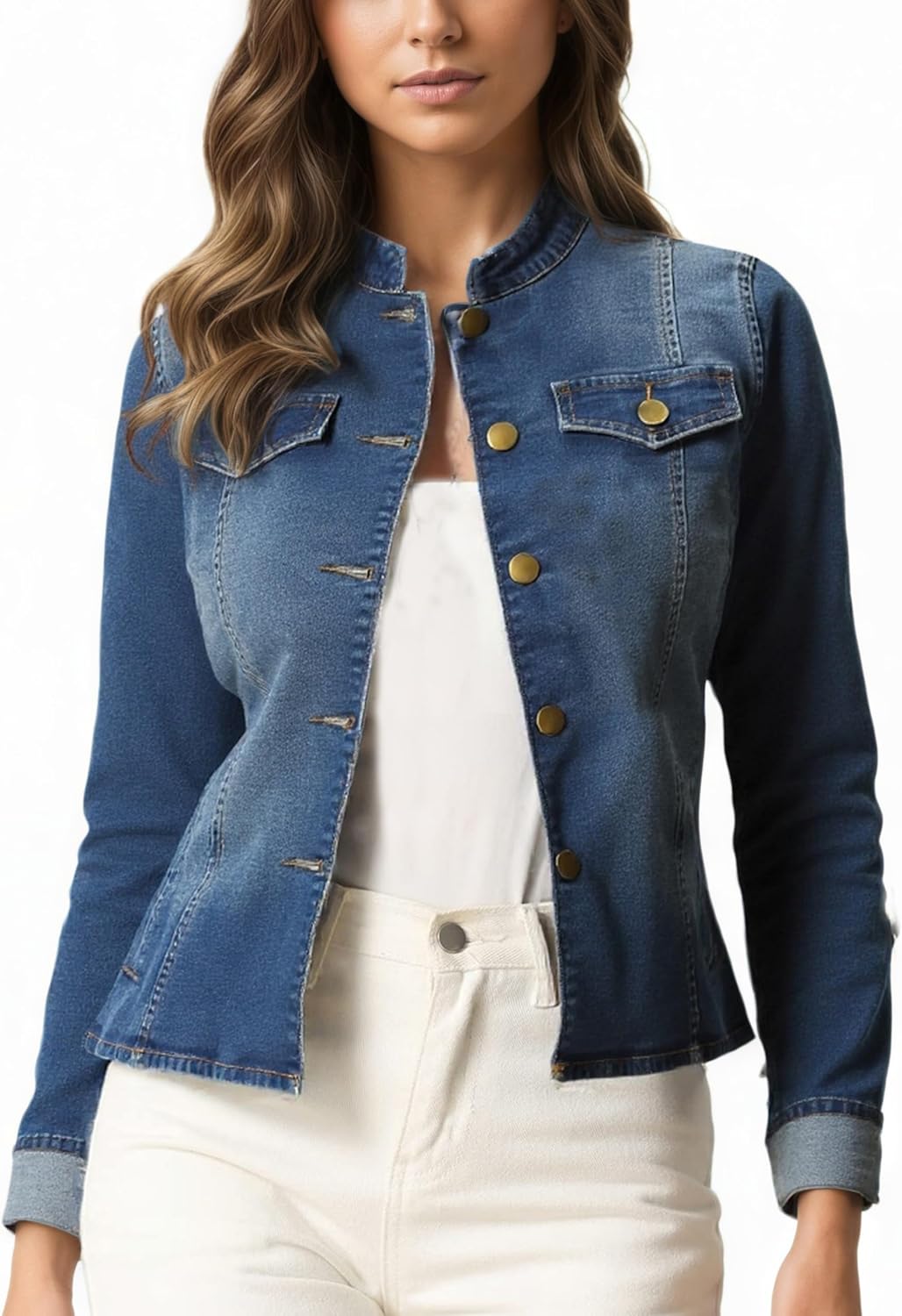 Unifizz Womens Casual Denim Jacket 2025 Classic Vintage Washed Stand Collar Long Sleeve Pocket Stretchy Denim Jean Jacket