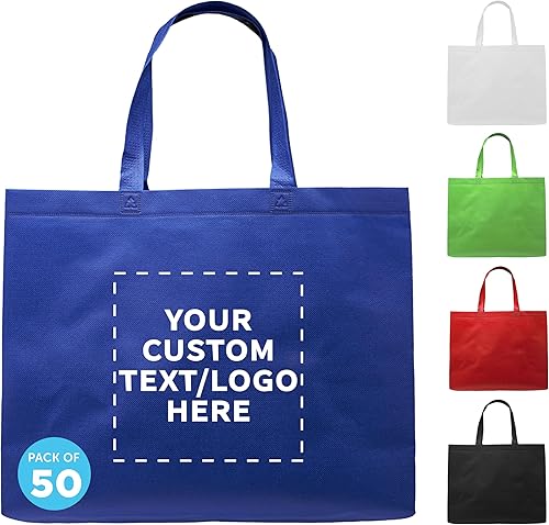 DISCOUNT PROMOS Juego de 50 bolsas de mano personalizadas de tamaño gigante, paquete a granel personalizado, bolsas de comestibles reutilizables,