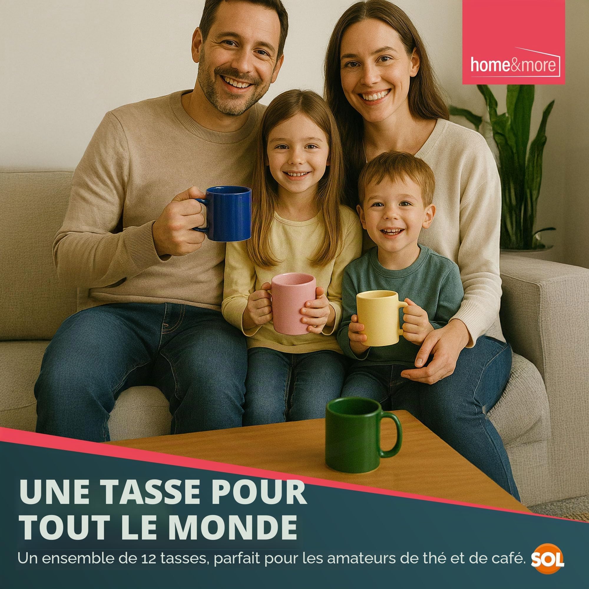 SOL Lot de 12 tasses colorées en céramique de 330 ml pour thé, café, chocolat chaud, vaisselle de cuisine durable adaptée pour la maison, le bureau, les cafés et comme cadeau