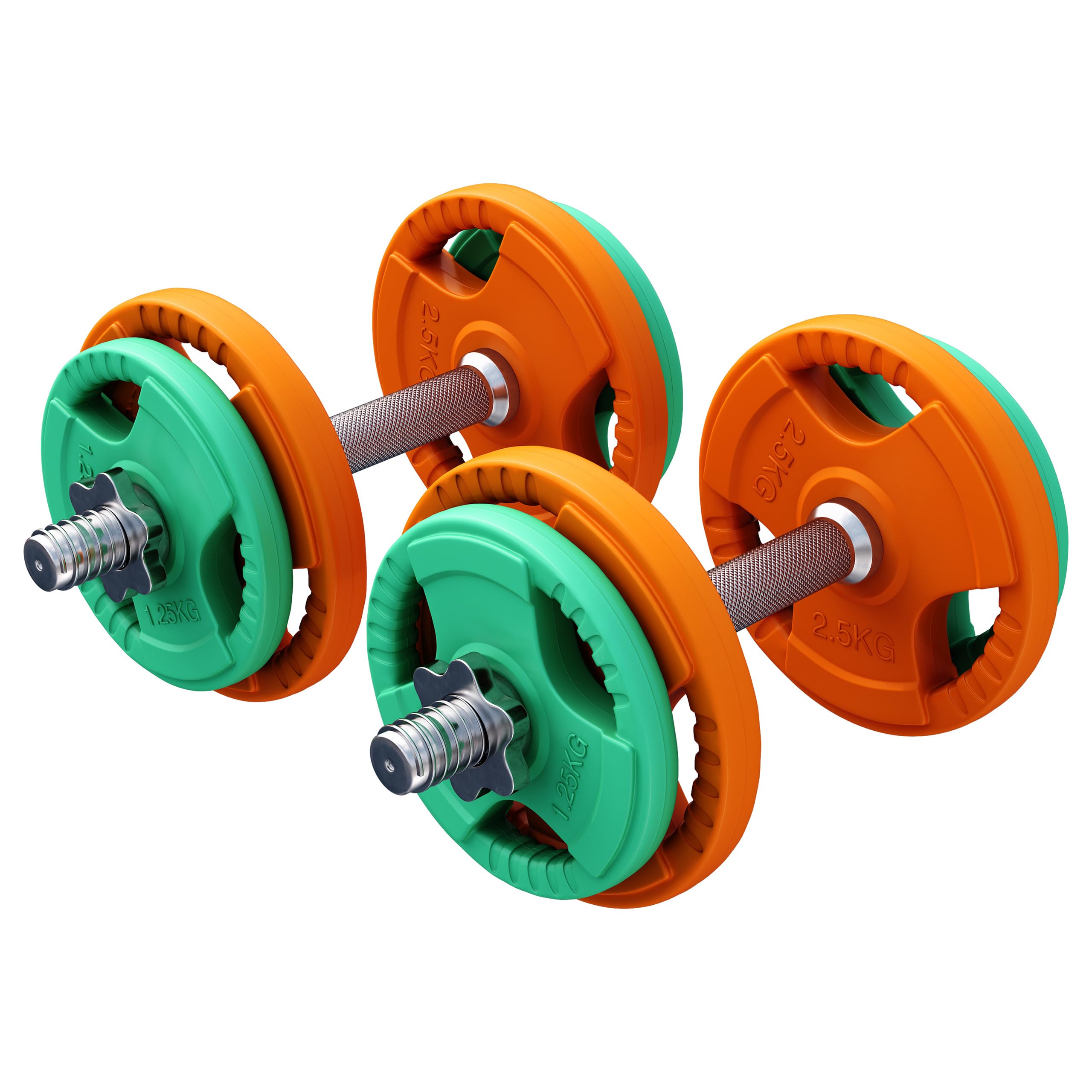 GORILLA SPORTS® Kurzhantelset 20 kg, 2er Set, Gusseisen, Gummi Gripper | 30 mm, 4 x 1,25 kg und 4 x 2,5 kg Hantelscheiben, mit Stern- oder Federverschlüssen und gerändeltem Griff; Kurzhanteln