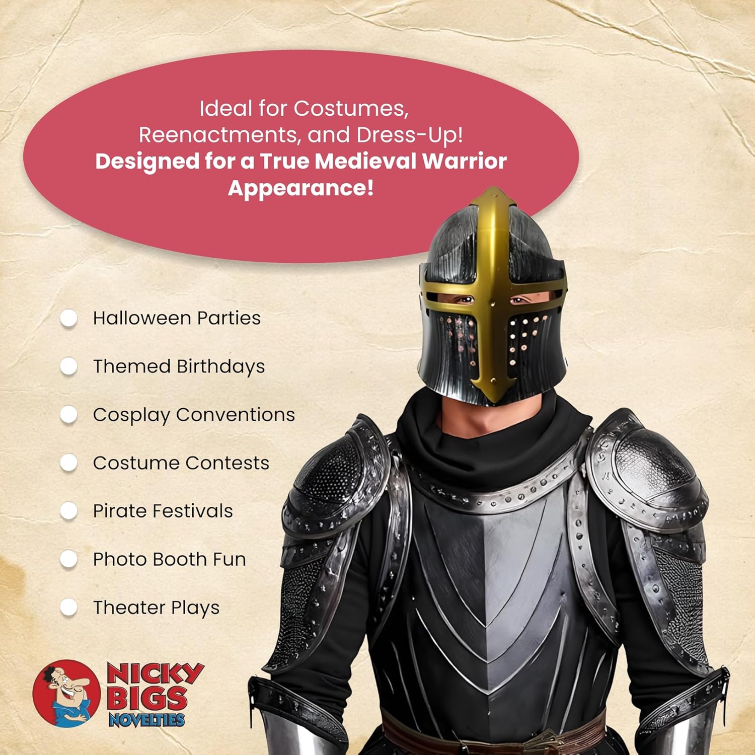 Nicky Bigs Novelties Morph Templar Knight Helmet Adults Medieval Crusader Costume Flip-Up Face Mask Halloween Cosplay