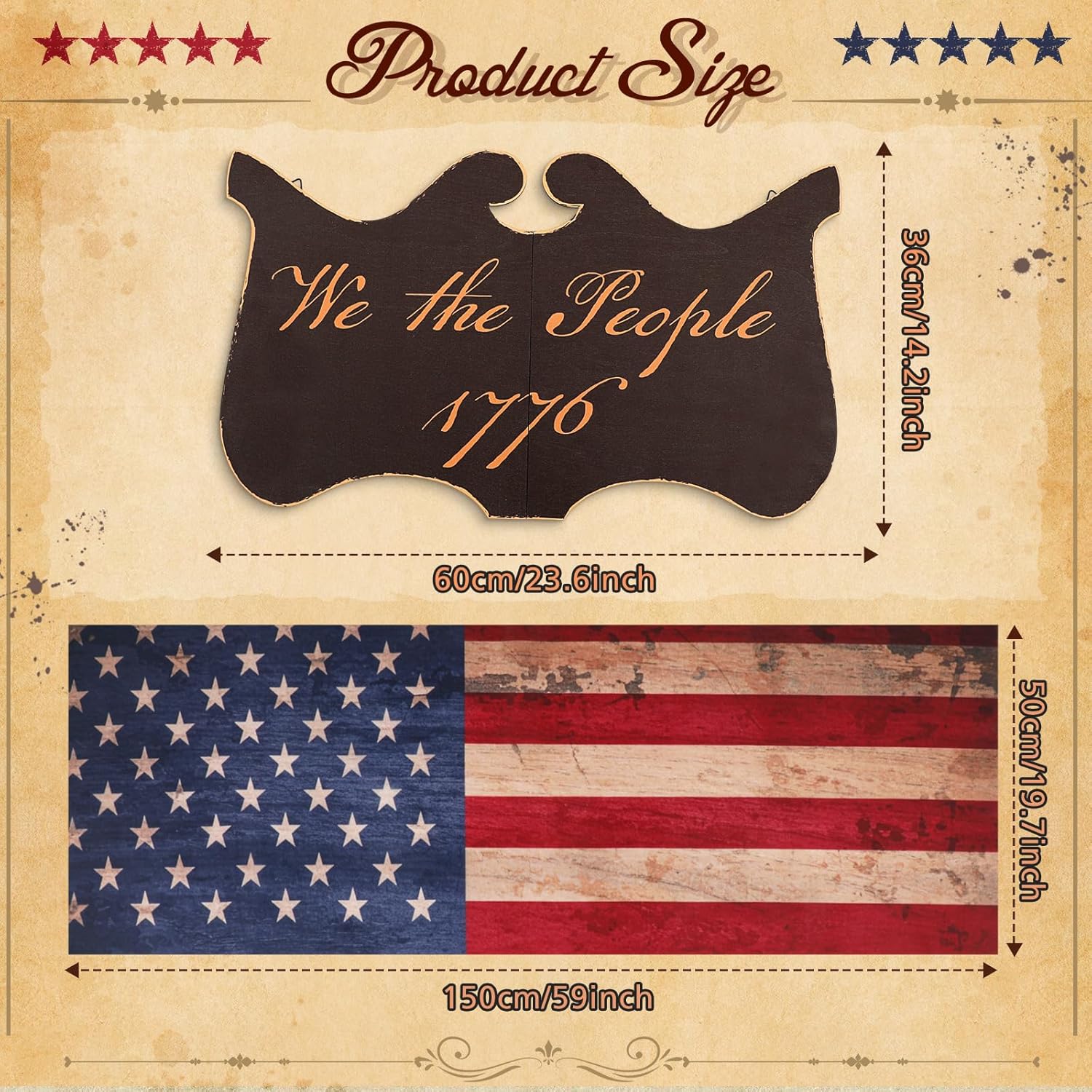Wesiti 250th Anniversary We the People 4th of July Fireplace Decor Set - 1pcs Large Patriotic Wooden Plaque 2pcs Vintage American Independence Day Mantel Decor for Rustic Farmhouse Home Office