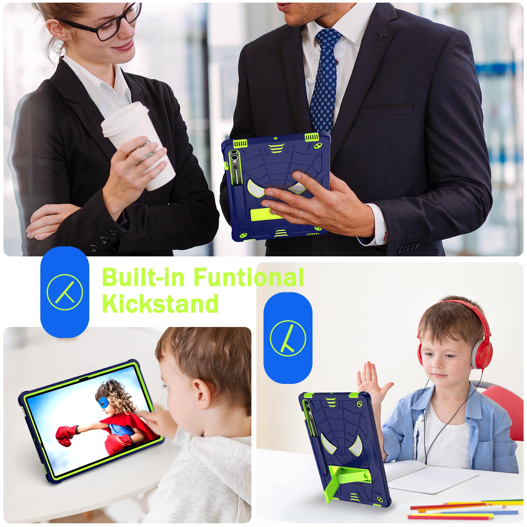 Etui dziecięce kompatybilne z Samsung Galaxy Tab S9+ 31.5 cm/Tab S9 FE+ 2023 31.5 cm, odporne na wstrząsy, pokrowiec dziecięcy, wbudowany pasek na ramię i stojak, ukryty, niebieskie +